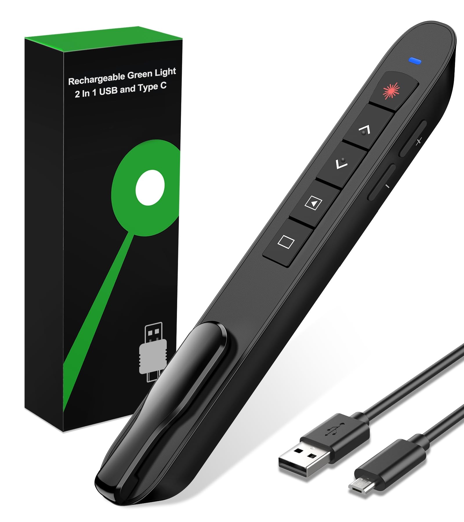 Presentation Clicker Green Laser Pointer, Rechargeable PowerPoint Clicker Wireless Presenter Remote, RF 2.4GHz USB Presentation 