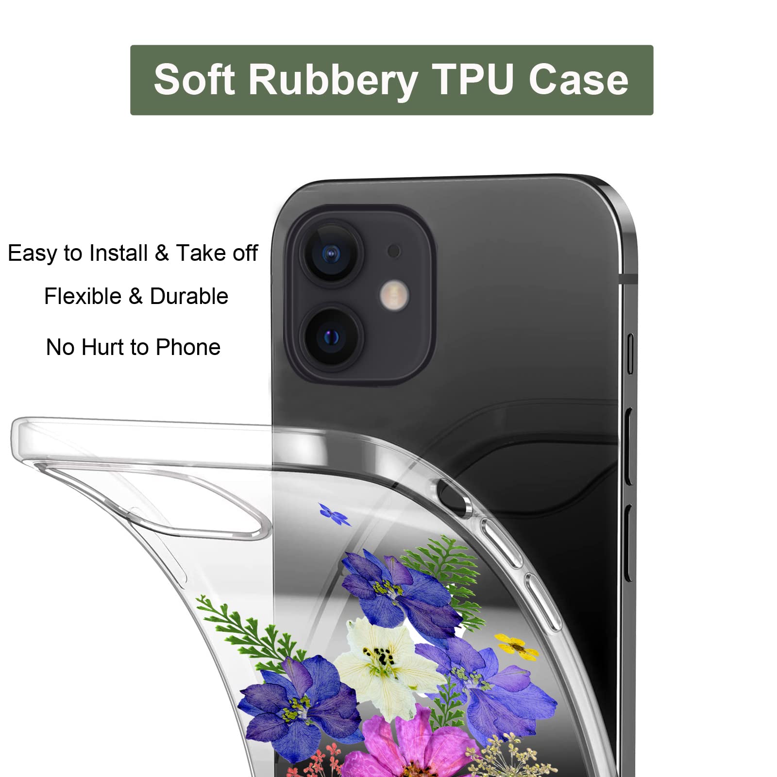 Unov iPhone 12 Mini Case Clear Slim Embossed Flower Soft TPU Very Peri Bouquet 5.4 Inch