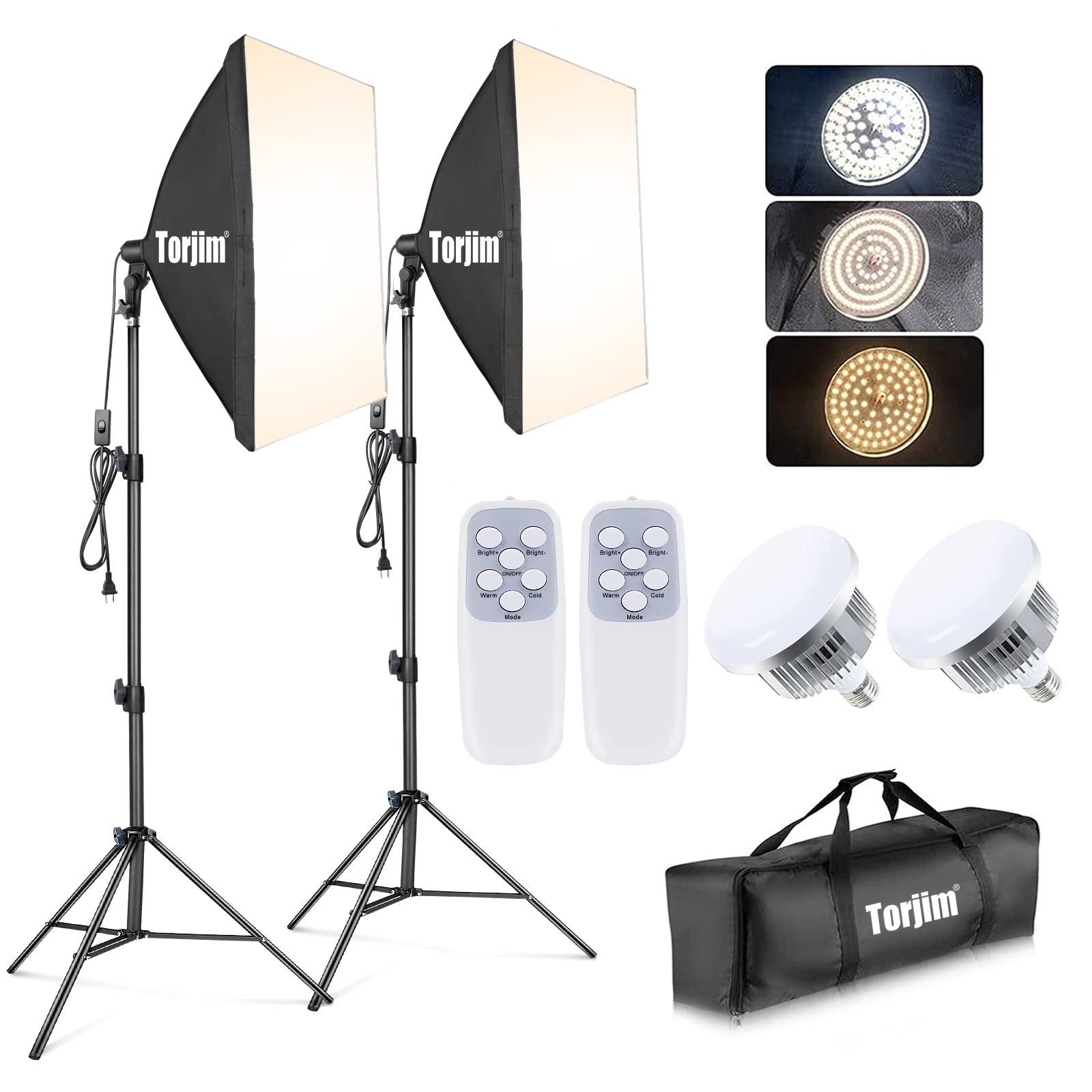 Torjim Softbox Photography Lighting Kit, 2Pcs 27' X 27' Professional Soft Box | 3000K 7500K 85W Led Bulbs With Remote, Photography Continuous Lighting Kit For Studio Lights, Portrait, Video Recording