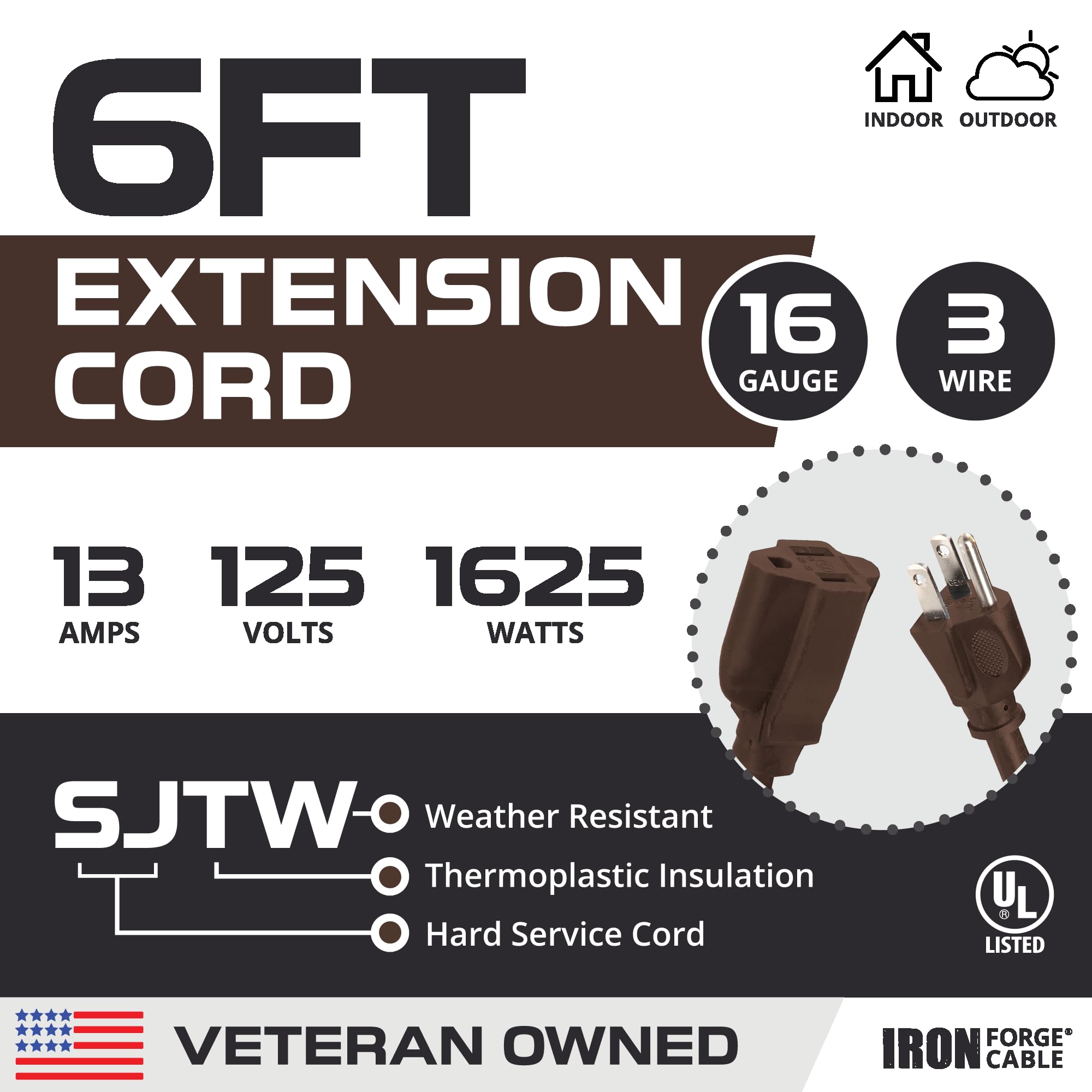 Iron Forge Cable Outdoor Extension Cord 6 Ft, 16/3 Sjtw 6 Foot Dark Brown Exterior Extension Cord 3 Prong, Weatherproof 13 Amp H