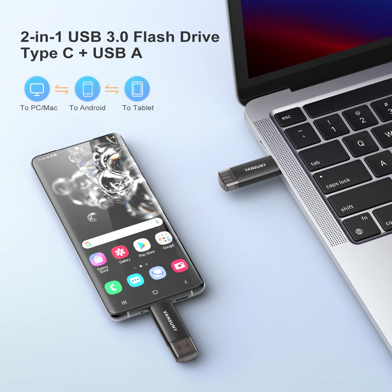 Vansuny Usb C Flash Drive 256Gb Dual Usb 3.0 Drive Type C Drive Usb C Otg Flash Drive For Smartphone Tablet Computer Mac Laptop Black