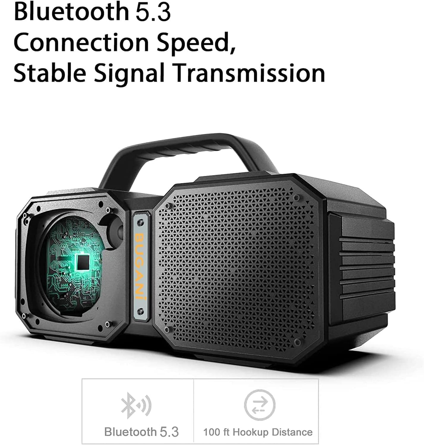 Bugani Shock Bluetooth Speaker, Portable Bluetooth 5.3, Waterproof, 60W Super Power, Outdoor Speaker, Black(New Model)