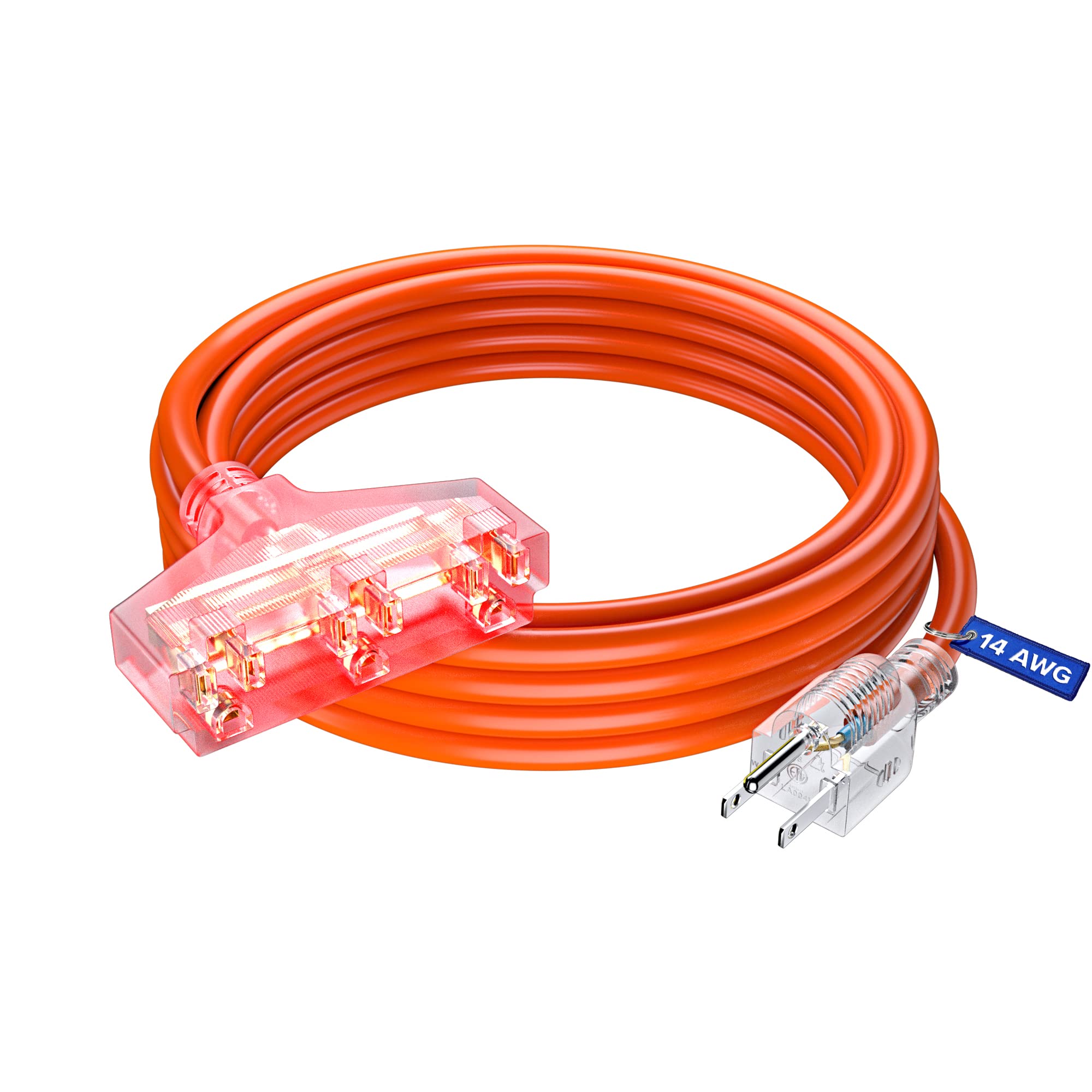 Extension Cord 15 Ft, Extension Cord With Multiple Outlets, Sjtw 14 Gauge (Orange) Etl Listed