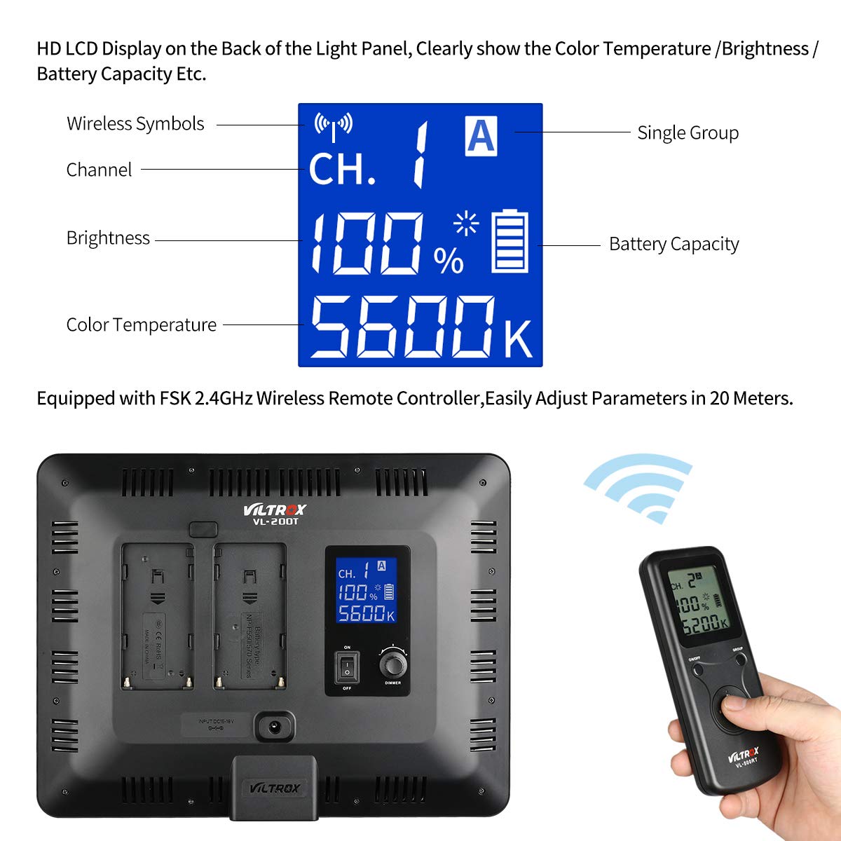 Vl 200T Portable Led Video Light, Ultra Thin Dimmable Studio Photography Lighting Panel With Hot Shoe Adapter/Remote Controller/