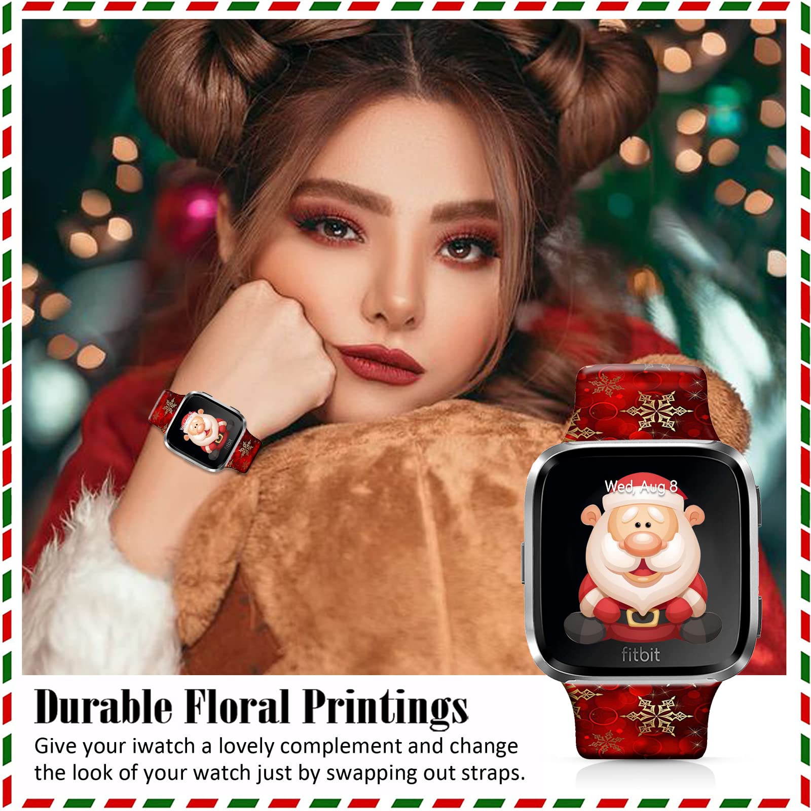 Ftfcase Christmas Silicone Sport Bands Compatible With Fitbit Versa/Versa 2/Versa Versa Se For Women Men, Red Christmas Snowflak