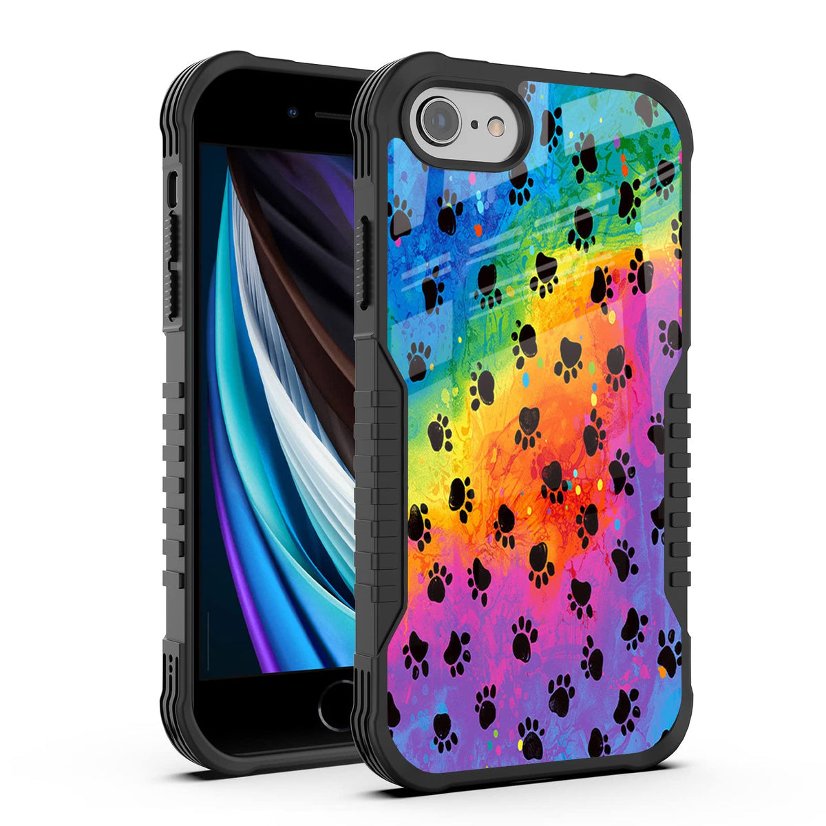 Fjyuanqi For Iphone Se 2022/2020 Case Men Women, Rainbow Black Purple Dog Paw Design Heavy Duty Shockproof Hard Plastic Bumper +