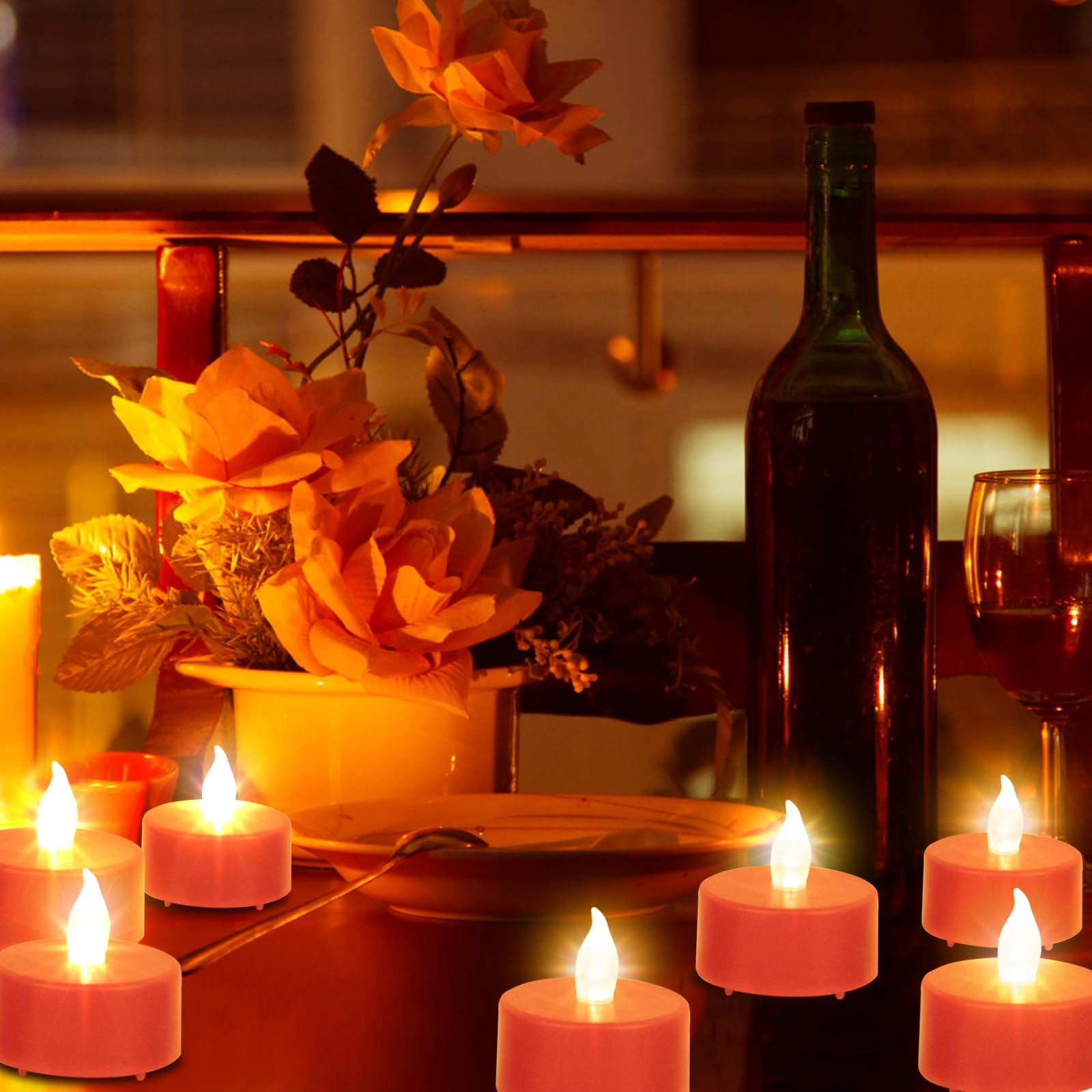 Boakboary Tea Lights Flameless Battery Operated Candles 24 Pack Red Led Flickering Votive Candle Long Lasting 200 Hours, Realist