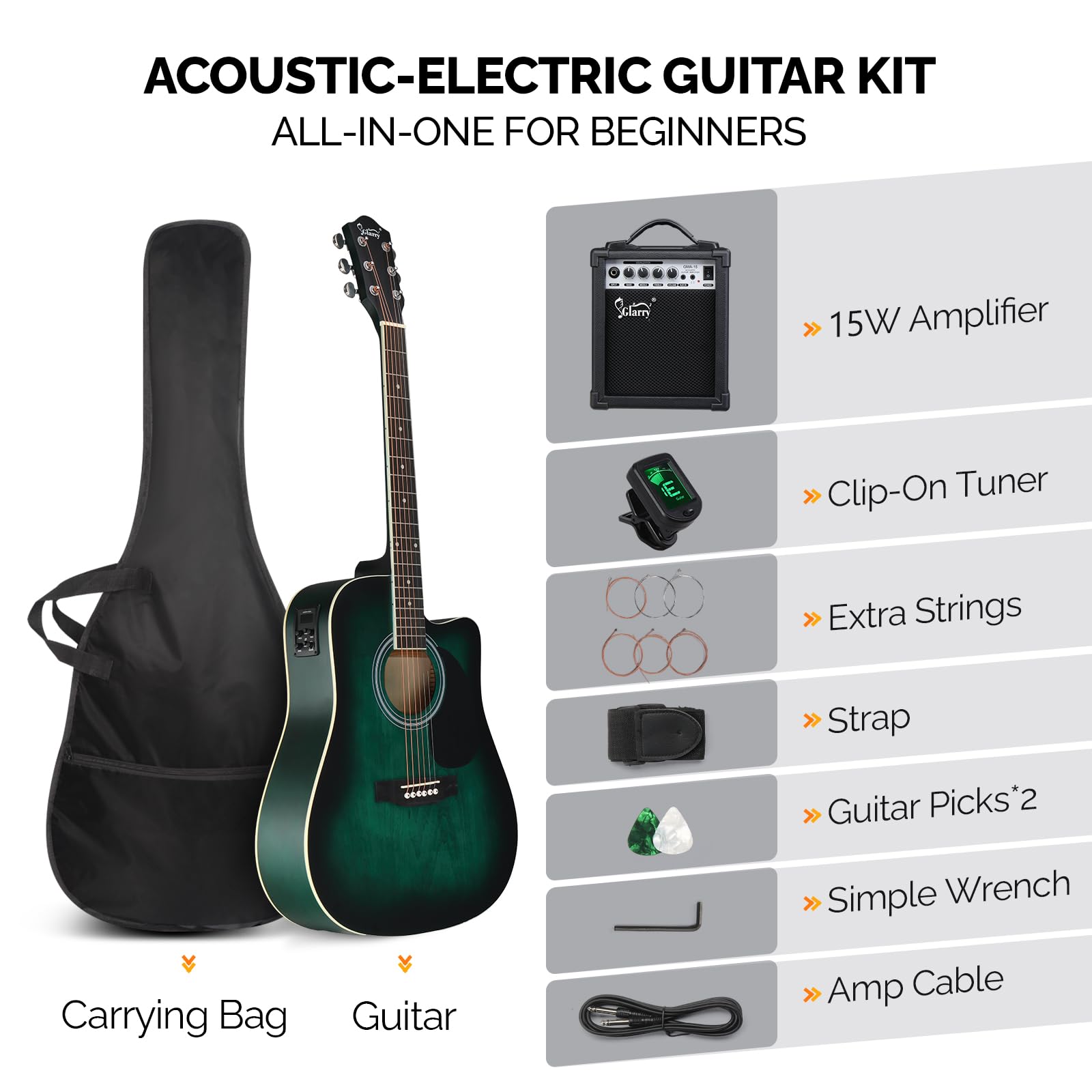 Glarry Full Size 6 Strings Acoustic Electric Guitar Beginner Kit W/ 15W Amp, Cutaway 41 Inch Electric Acoustic Guitar W/Inbuilt