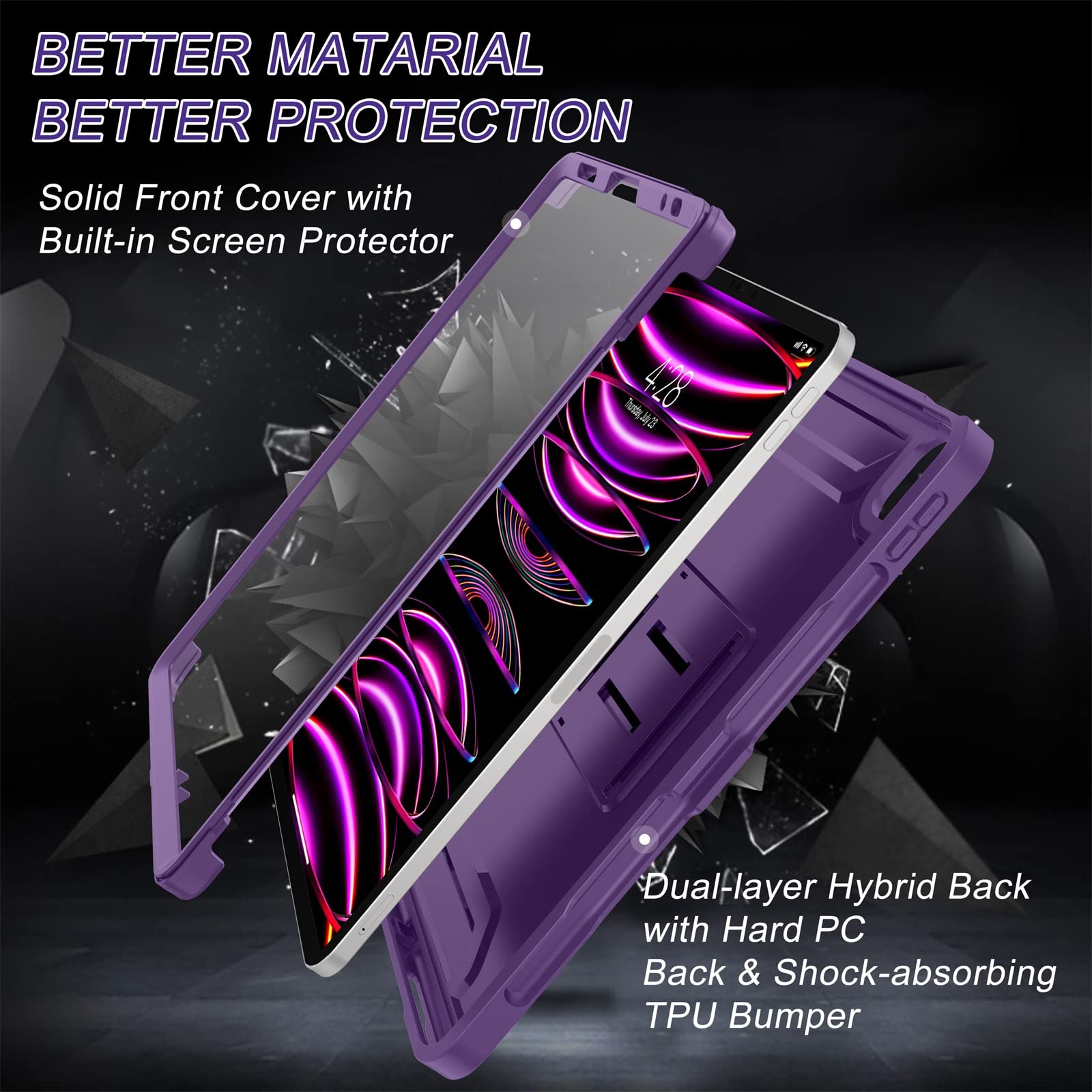 Soke Case For Ipad Pro 11 Inch 2022/2021/2020/2018/Ipad Air 5Th/4Th Generation,Built In Screen Protector   Support 2Nd Apple Pencil Charging   Heavy Duty Rugged Protective Kickstand Case   Purple