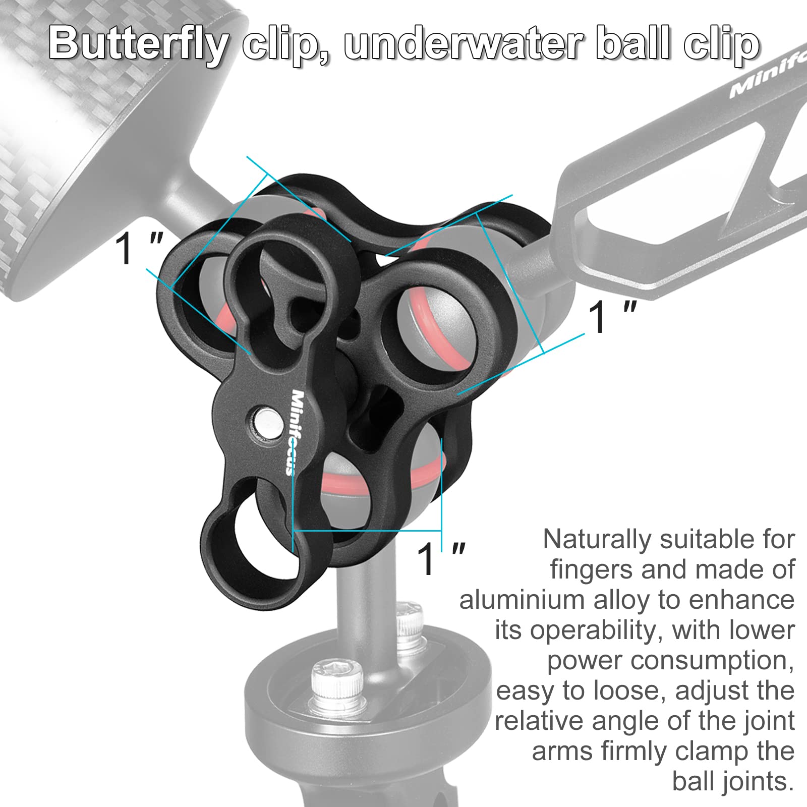 Minifocus 2Pcs 1'' Aluminum Triple Holes Ball Clamp Mount For Underwater Diving Light Arms Tray System, Photography Diving Camer