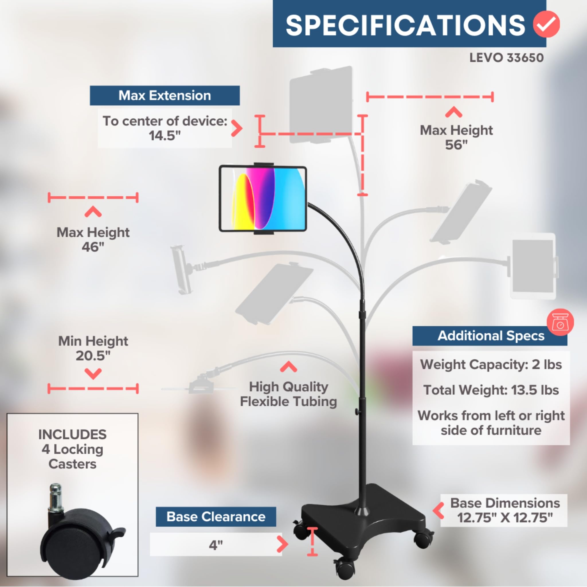 Levo Adjustable Height Floor Stand On Wheels For Tablet & Phone   Gooseneck Holder Mount With Stable Base   Compatible With All Cell Phones & Tablets (4 13 Inch)   Black With Casters