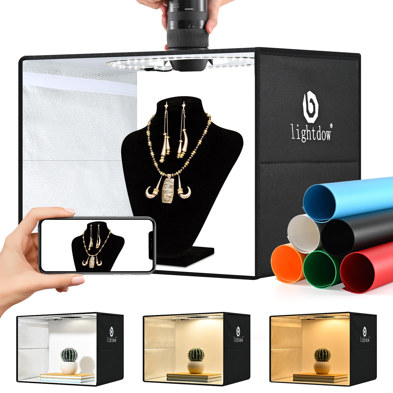 Lightdow Photo Light Box Photography   16''X12'' Light Tent With 120 Leds, 6 Color Pvc Backdrops, Folding Light Box Portable Stu