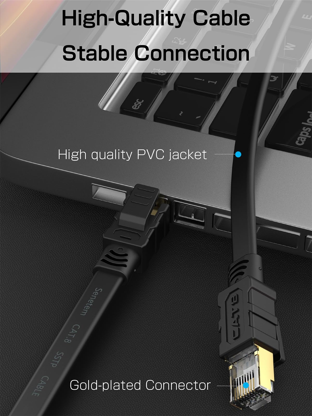 Senetem Cat 8 Ethernet Cable 25Ft, High Speed 40Gbps 2000Mhz Flat Internet Network Patch Cord, Rj45 Shielded Outdoor&Indoor Lan