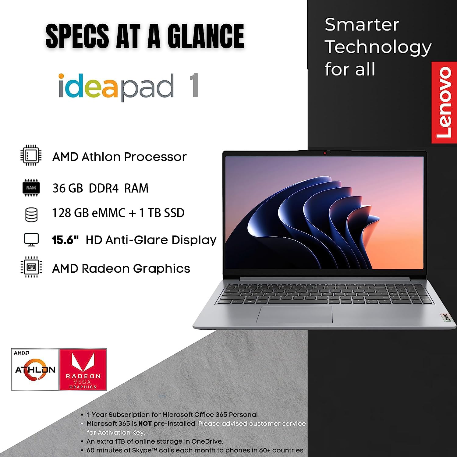 Lenovo Ideapad 1 15 Inch Laptop Computer, Hd 15.6 Laptop Microsoft Office Included Lifetime, Thin Lightweight Laptop College Stu