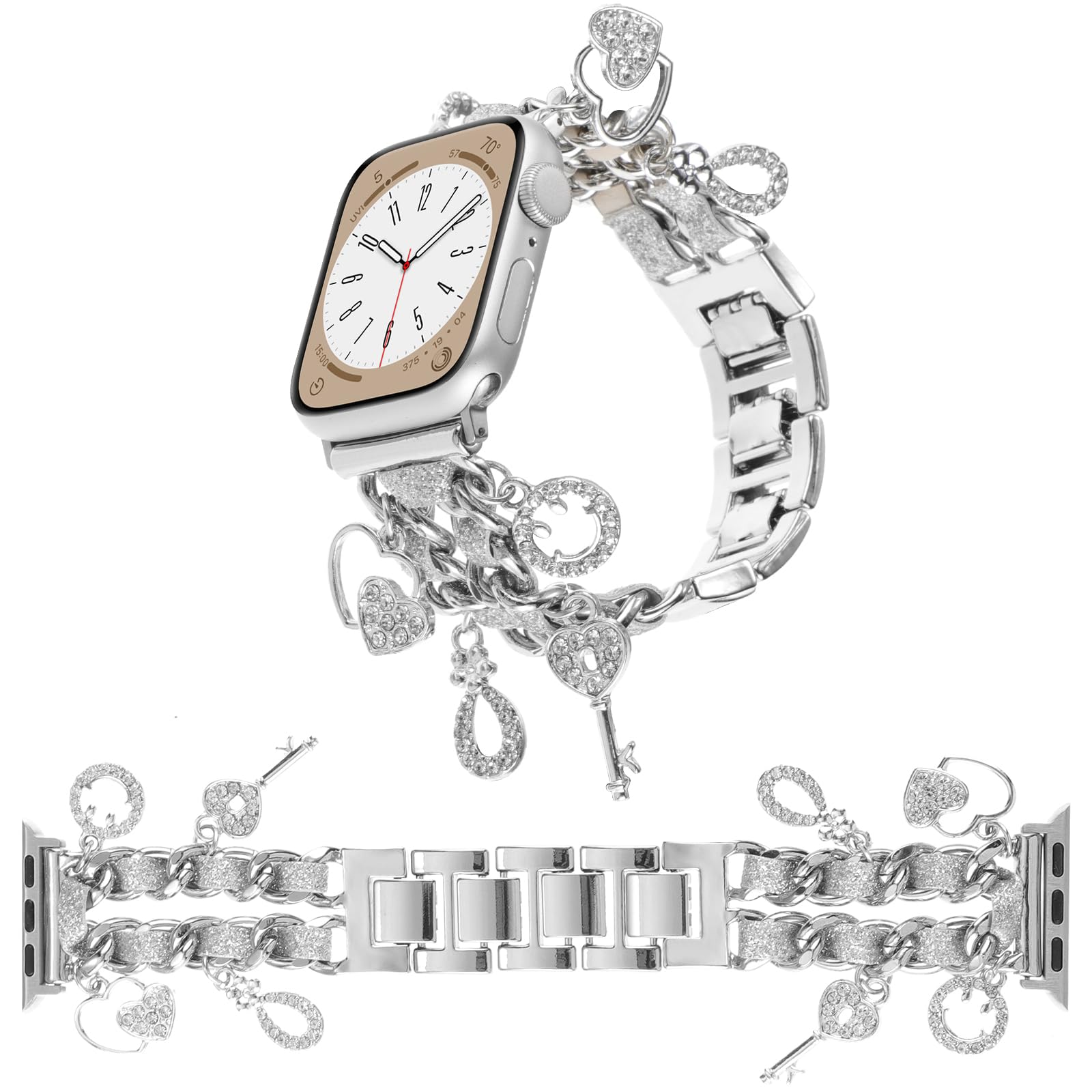 Realsign Stylish Metal Wristband Compatible With Apple Watch Band 42 44 45 46 49Mm,Cuban Chain Bracelet Key Love Smile Pendants