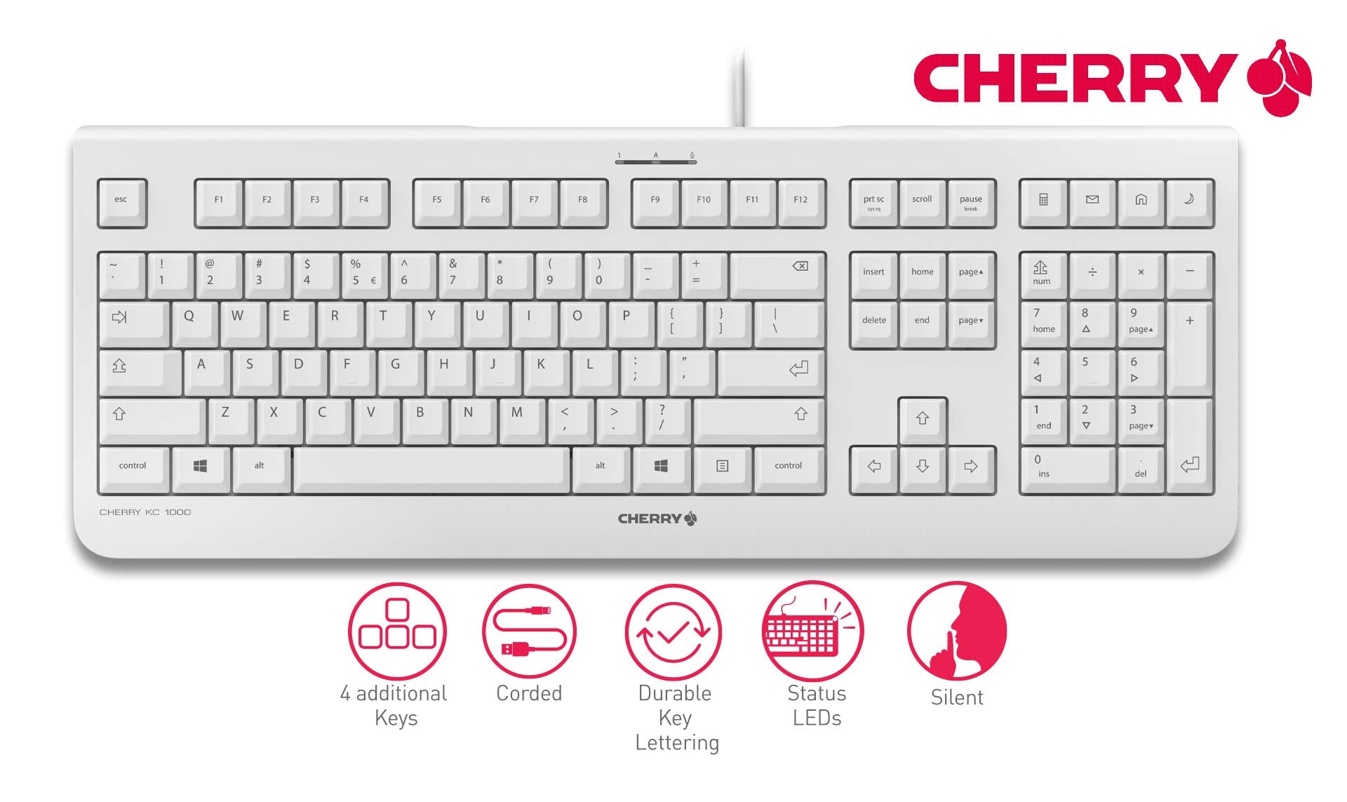 Cherry Jk 0800Eu 0 Kc 1000 Economical Corded Keyboard, Pale Gray, Whisper Keystroke