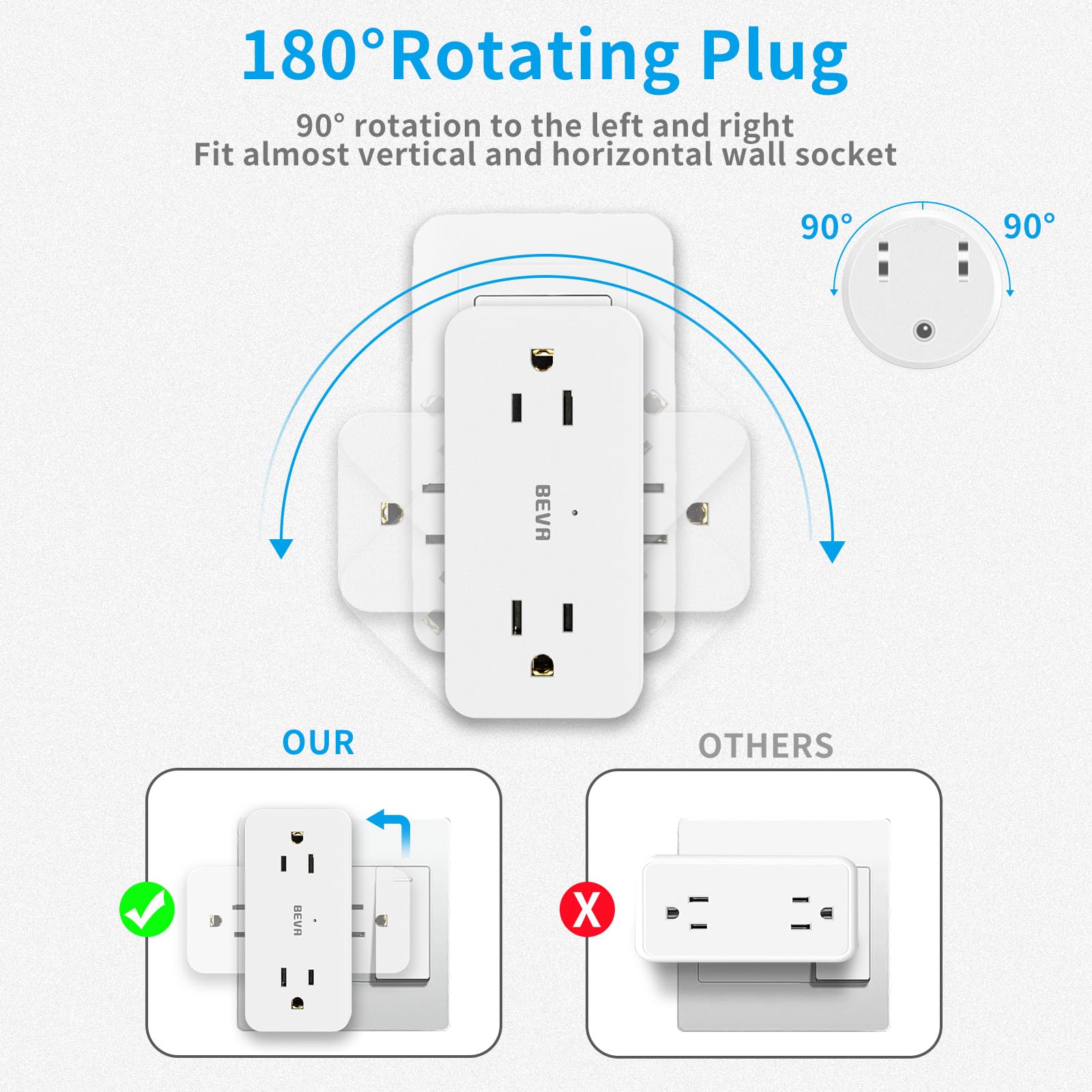 Beva Multi Wall Outlet Extender   With Rotating Plug Adapter, Rotating Outlet Adapter 4Ac And 4 Usb Ports (2 Usb C), Outlet Spli