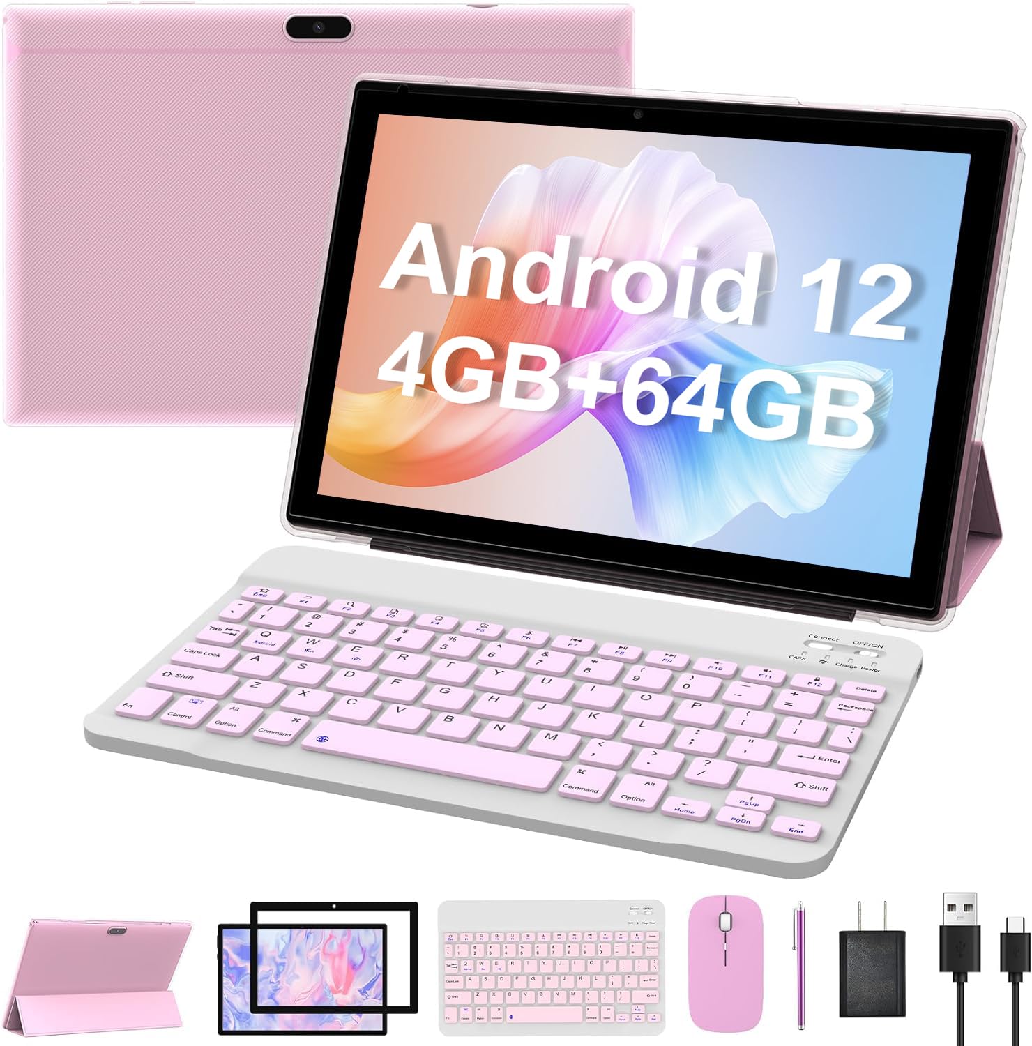 10.1 Inch Android 12 Tablet, Newest 2 In 1 Tablets, 4Gb Ram+64Gb Rom Quad Core Processor, 1280*800 Fhd Tableta With Keyboard/Mou