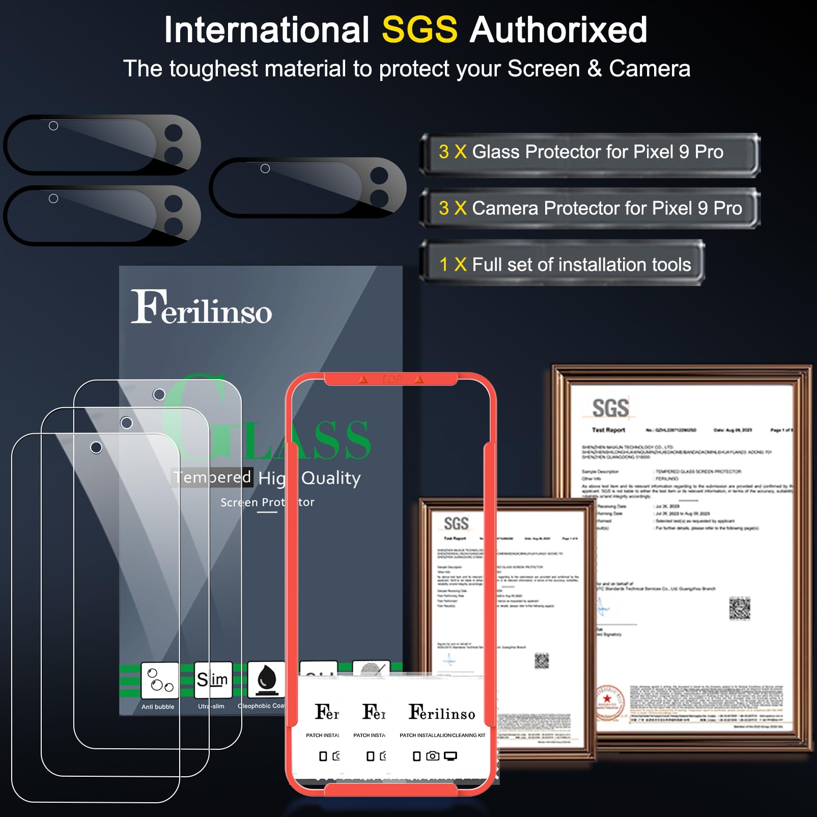 Ferilinso Full Coverage 3 Pack Screen Protector For Google Pixel 9 Pro [Phone Case Friendly], 3 Pack Tempered Glass Camera Lens