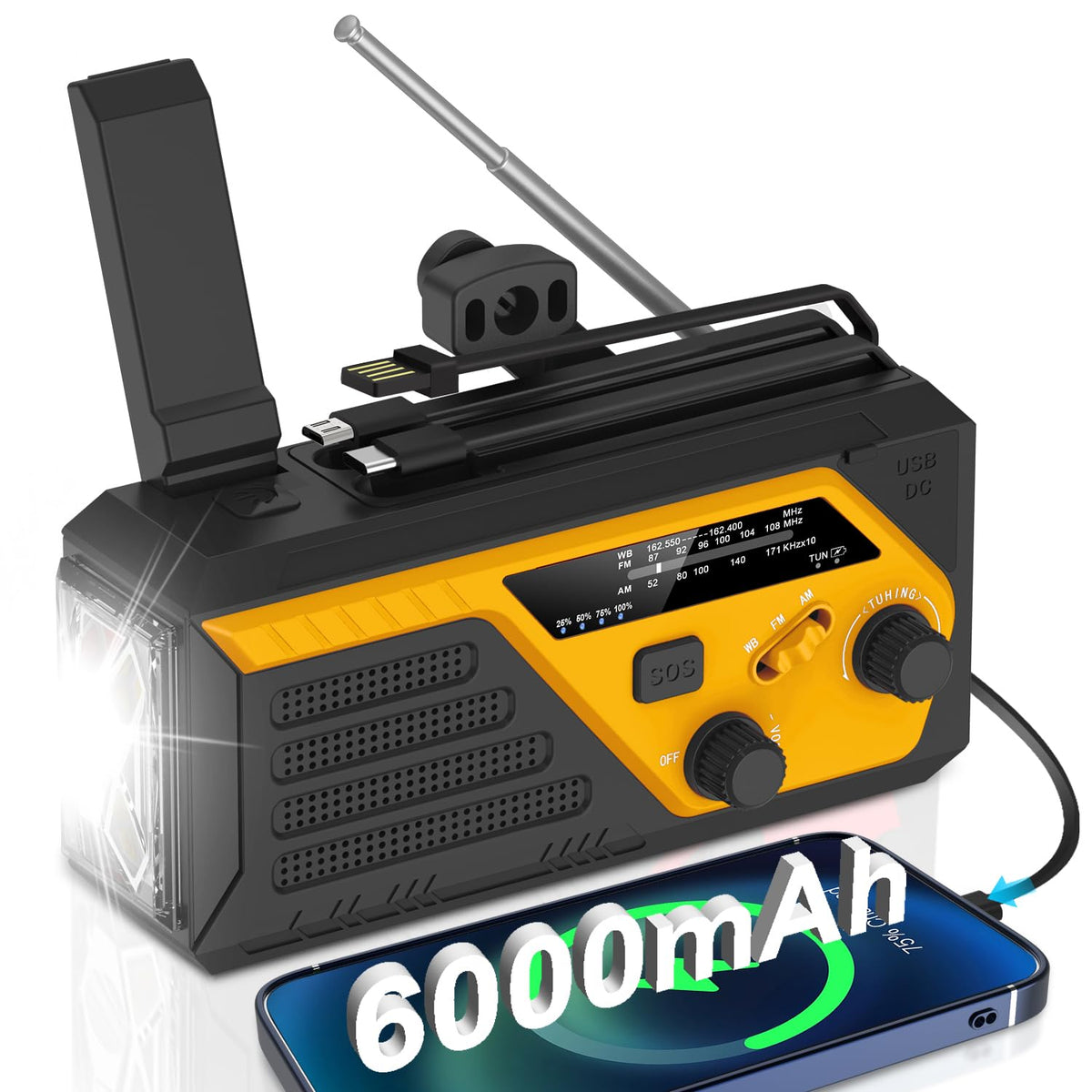 Emergency Hand Crank Radio, 6000Mah Am Fm Noaa Weather Radio, Emergency Weather Radio With Portable Phone Charger,3 Flashlight M