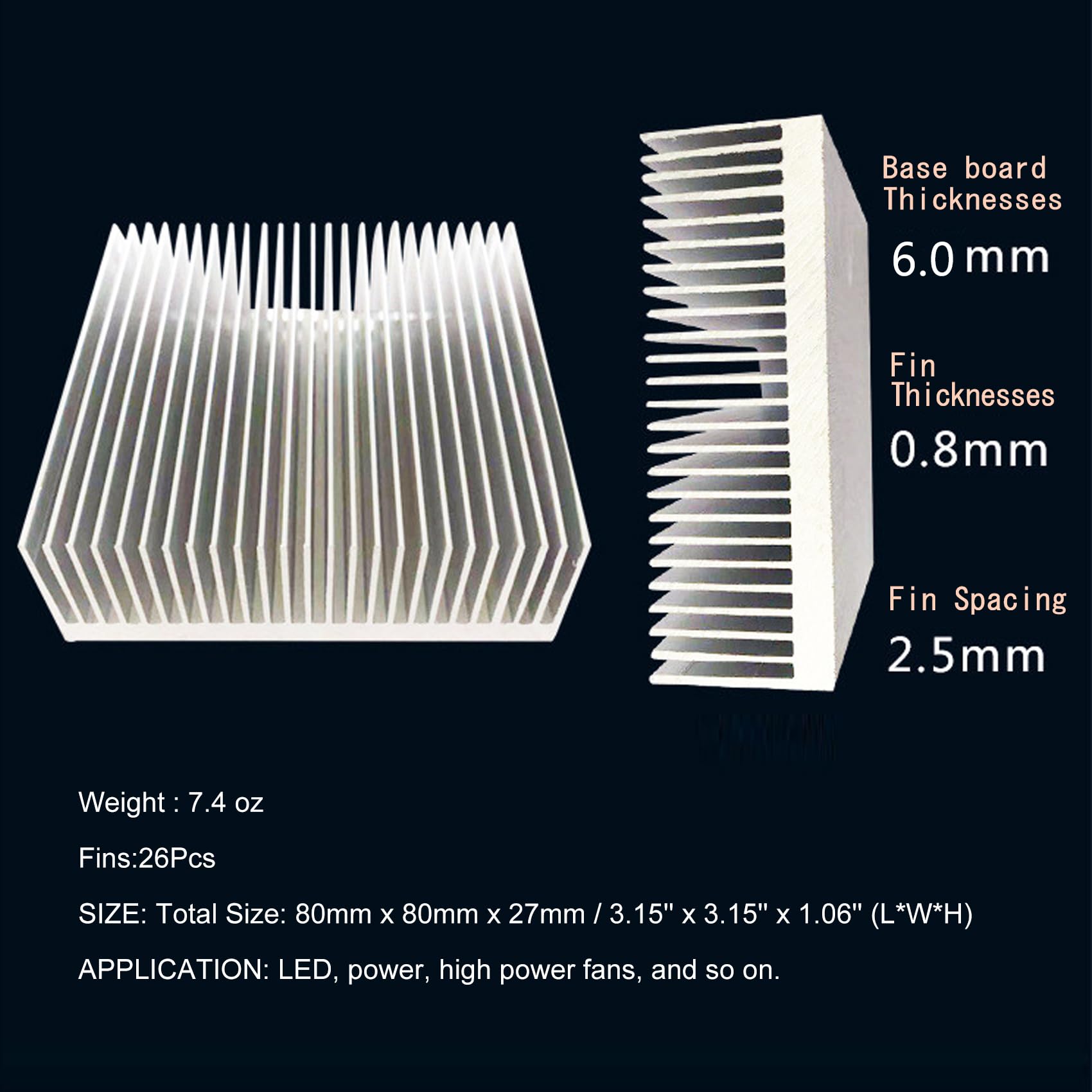 Awxlumv Aluminum 80Mm Heat Sink 3.15X3.15X1Inch/ 80X80X27Mm Heatsink Large Radiator Circuit Board Cooling Cooler 26 Fins For Led