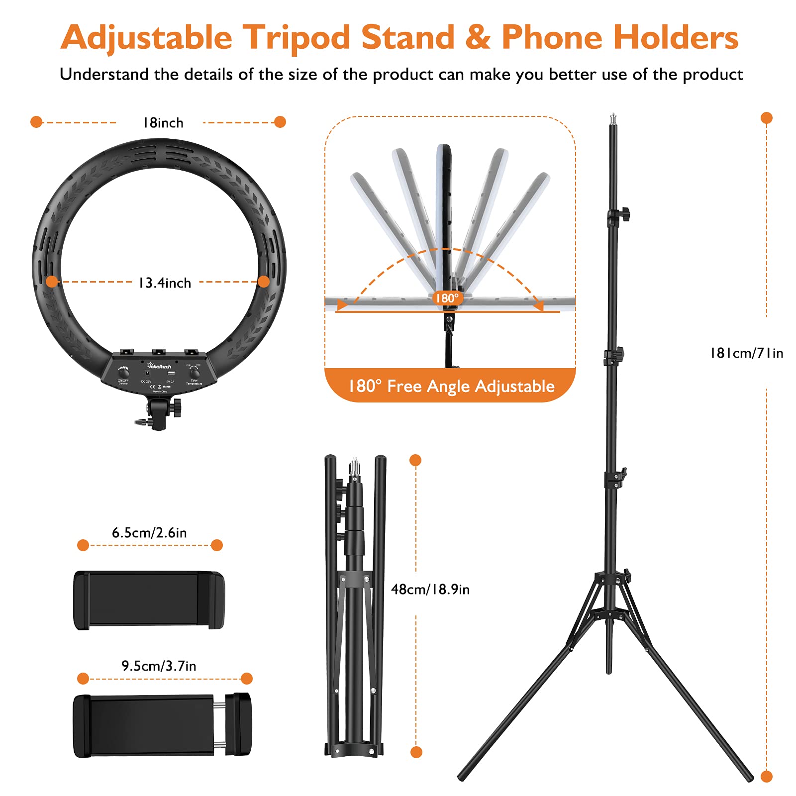 Inkeltech 18    Ring Light With Tripod Stand & 3 Phone Holders, Dimmable Led Ring Light Kit, Adjustable 2700K 6500K Color Temper