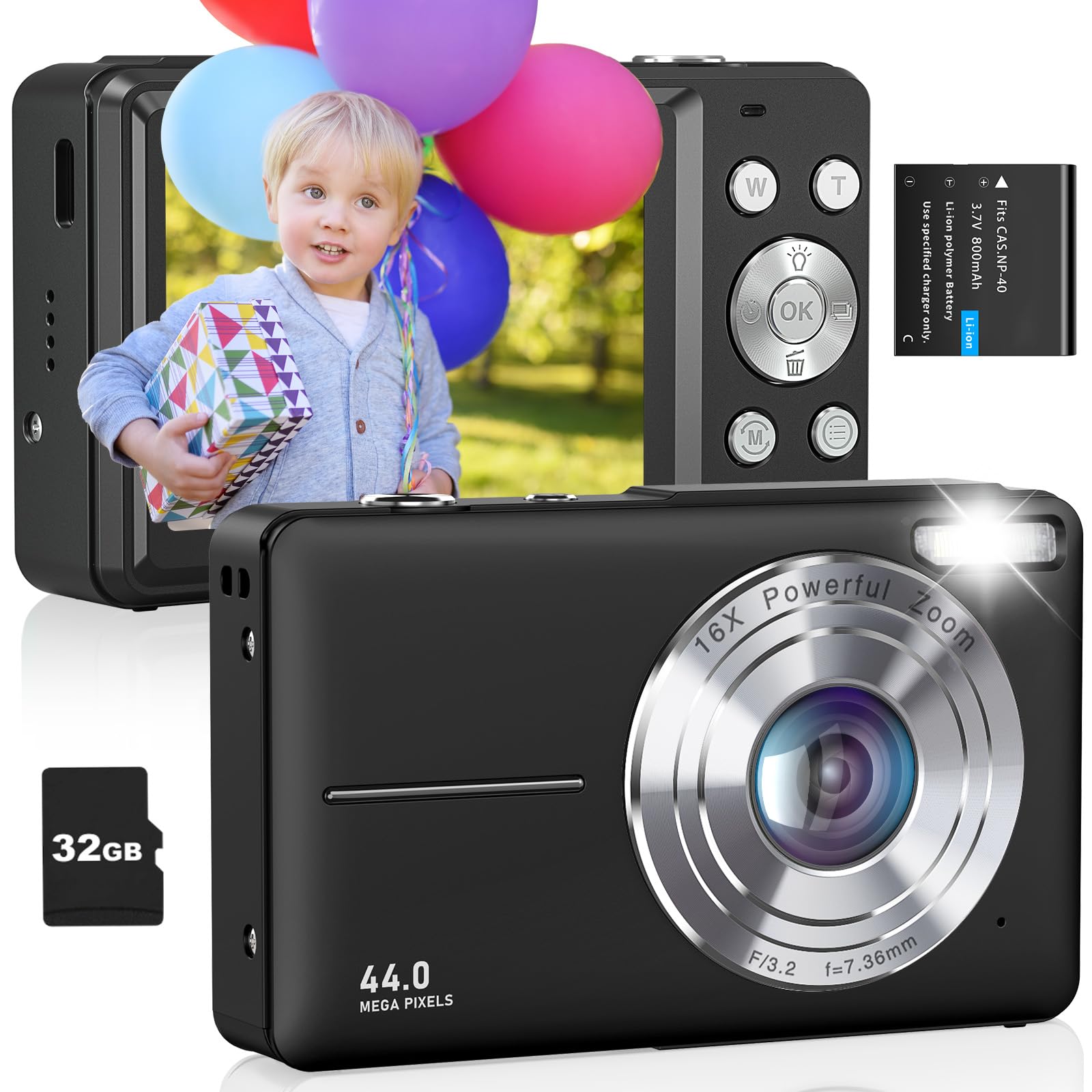 Digital Camera, Fhd 1080P Kids Camera, 44Mp Point And Shoot Digital Cameras With 32Gb Card, 16X Digital Zoom, Anti Shake, Compact Small Cameras For Boys Girls Teens Students, Black