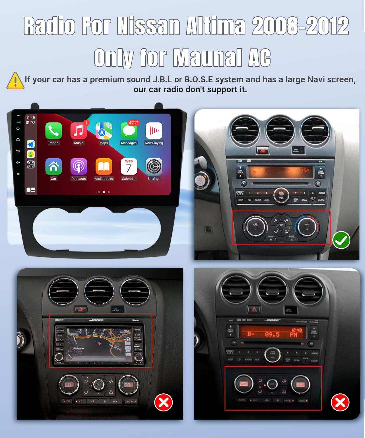 Naifay Android Car Radio For Nissan Altima 2008 2009 2010 2011 2012 Stereo With Wireless Apple Carplay & Android Auto, 9Inch Tou