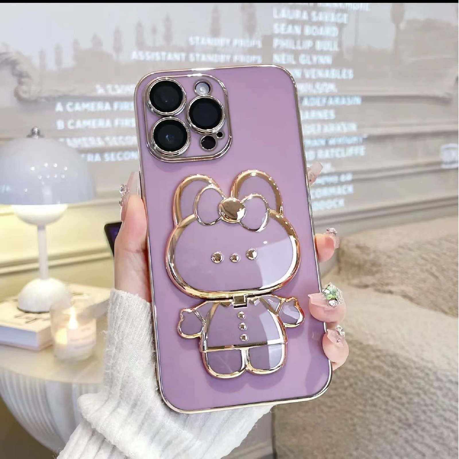 MintBear iPhone 14 Pro Cute Bunny Hidden Stand Phone Case Soft TPU Shockproof Lilac