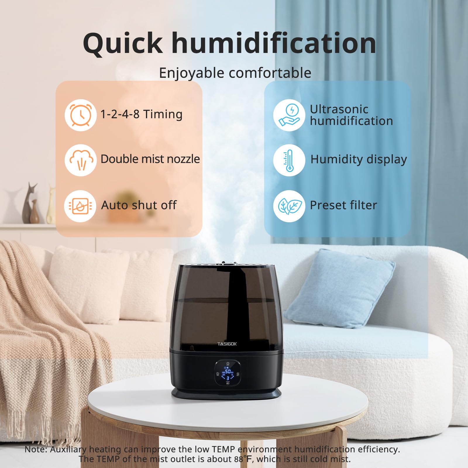 Tasigok Humidifiers For Bedroom Home, 6L Cool And Warm Mist Air Humidifier For Large Room Baby Nursery, 50H Easy Clean And Top F