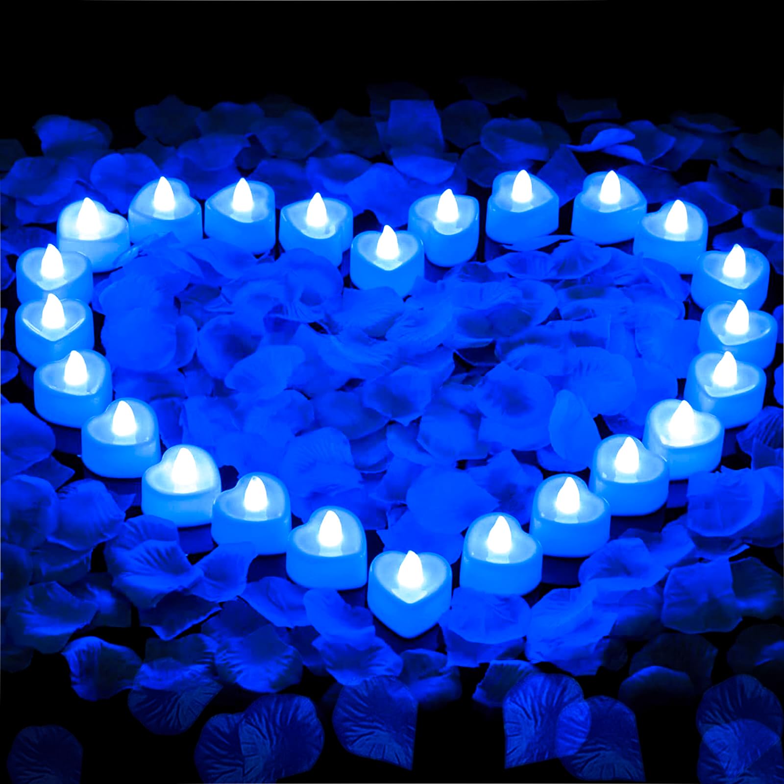 Pyrrhiax 2000 Pieces Blue Artificial Rose Petals And 24 Pieces Led Tea Lights Candles,Romantic Night Decoration Set, Romantic Gi