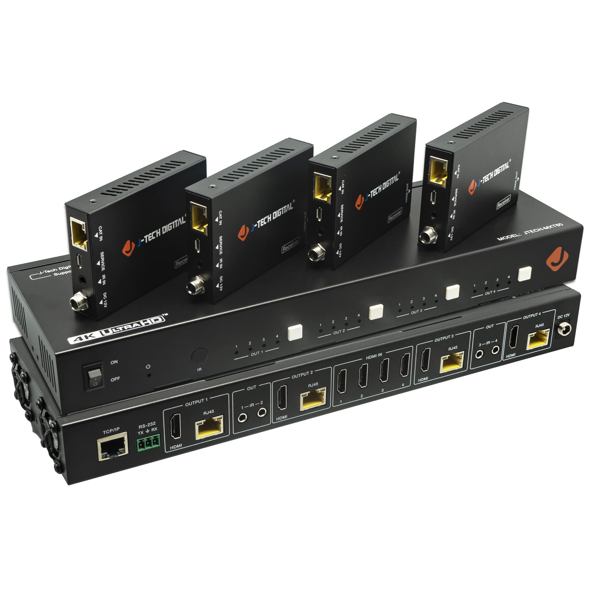 Hdmi 2.0 4X4 Matrix Switch Switcher Extender Hdcp 2.2 4K 60Hz 4:4:4 Hdr With 4 Poc Receivers Over Single Cat5E/6 Cable [Jtech Mx