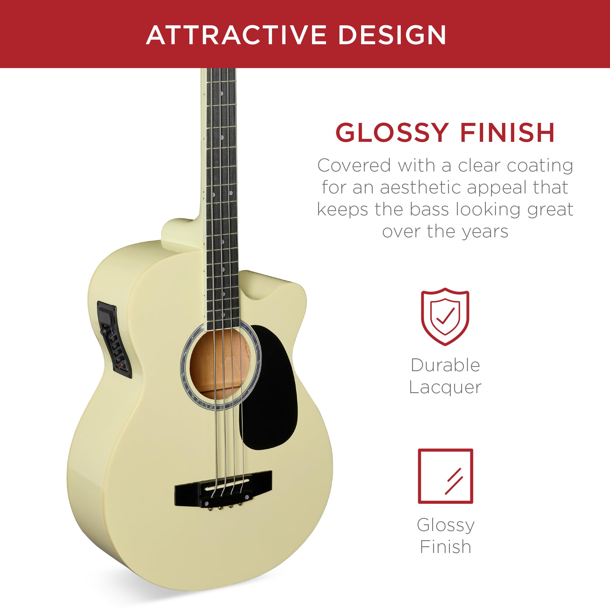 Best Choice Products Acoustic Electric Bass Guitar, Full Size 4 String, Fretted Bass Guitar W/Padded Gig Bag   Cream White