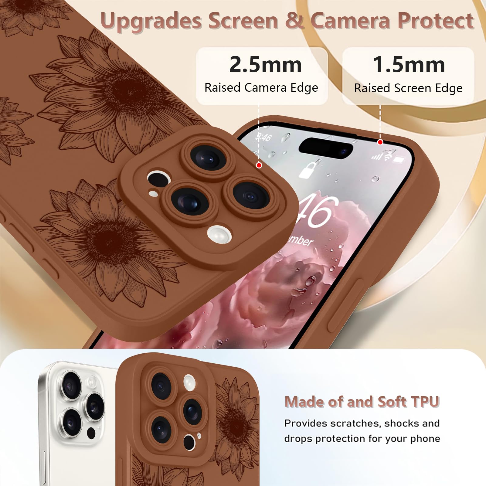 Ook Floral Case For Iphone 16 Pro Max Case, Cute Sunflower Floral Blooms Design Soft Tpu Shockproof Protective For Women Girls S