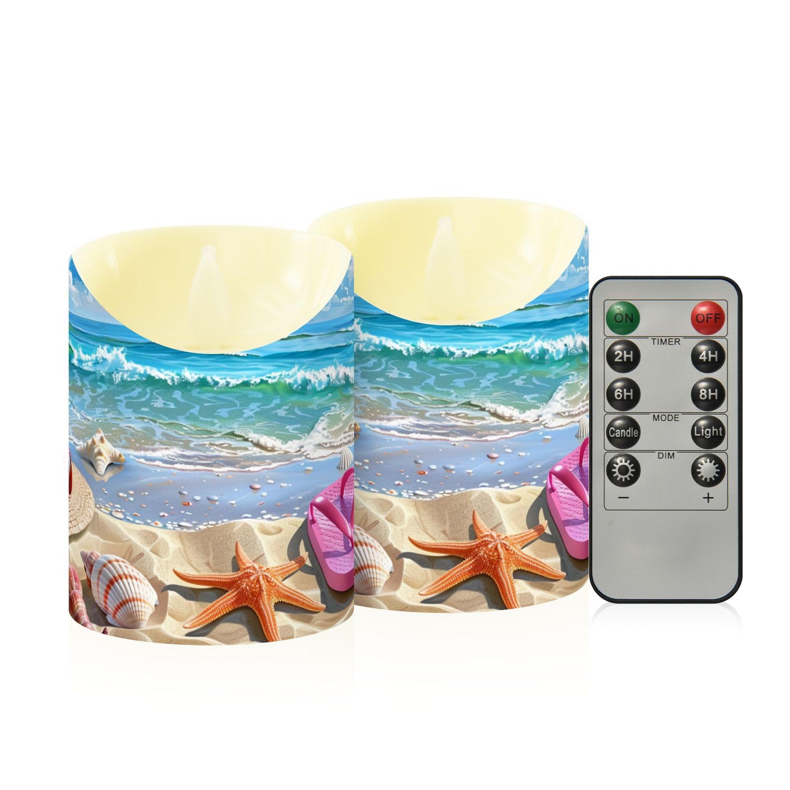 Beach Landscape Flip Flops Seashell Starfish Flameless Candles with Remote Timer,LED Flickering Battery Operated Electric Pillar