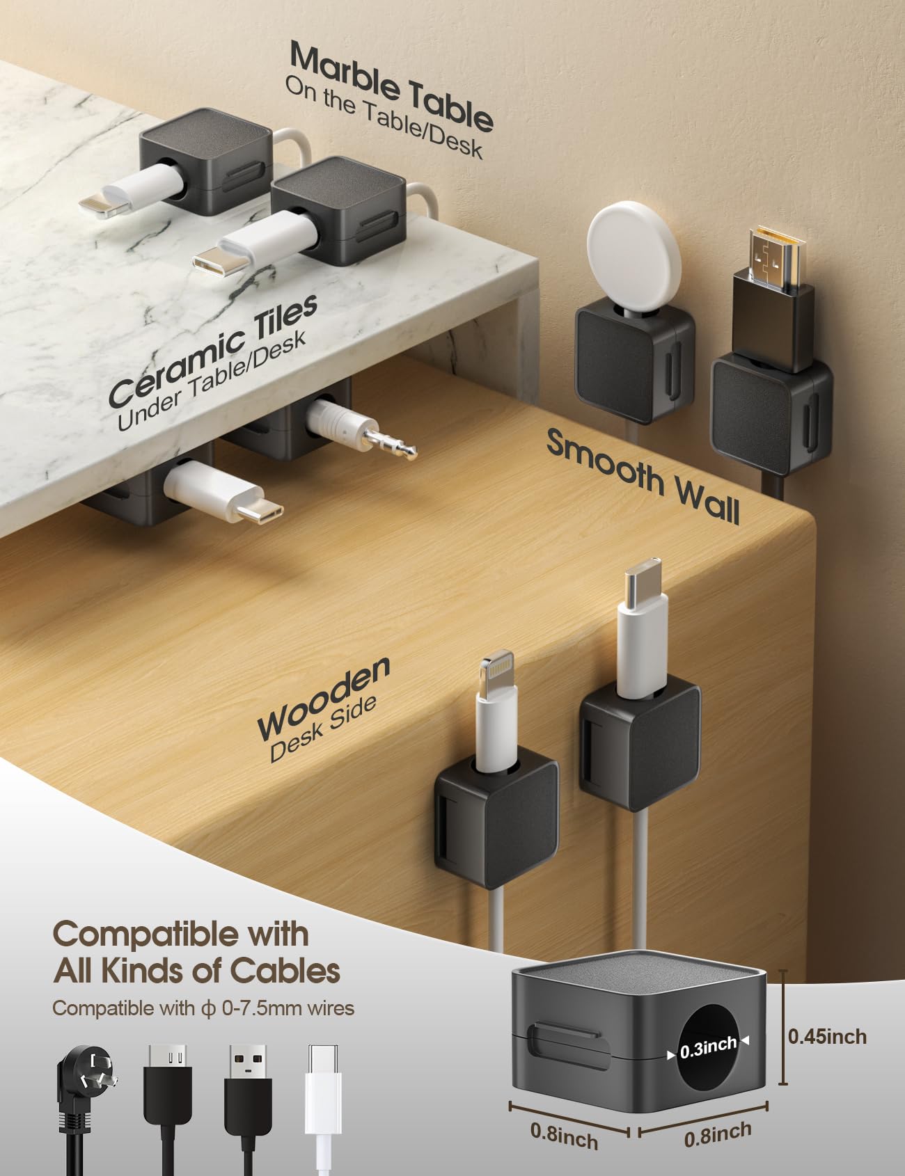 8 Pack Magnetic Cable Clips,Premium Cord Holder For Nightstand,Cord Organizer For Desk,20 Pack Plus 1 Roll Of Cable Ties Reusabl