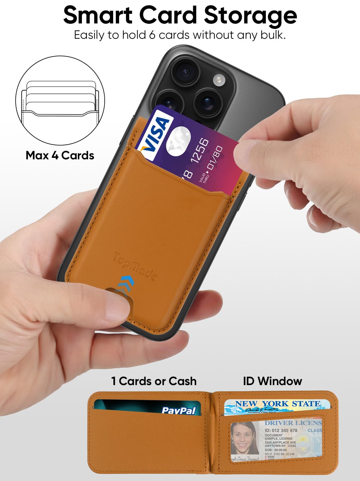 Topmade Phone Card Holder, Leather Phone Wallet Stick On With Stand, Open Id Window, Strongest 3M Adhesive Credit Card Holder Fo