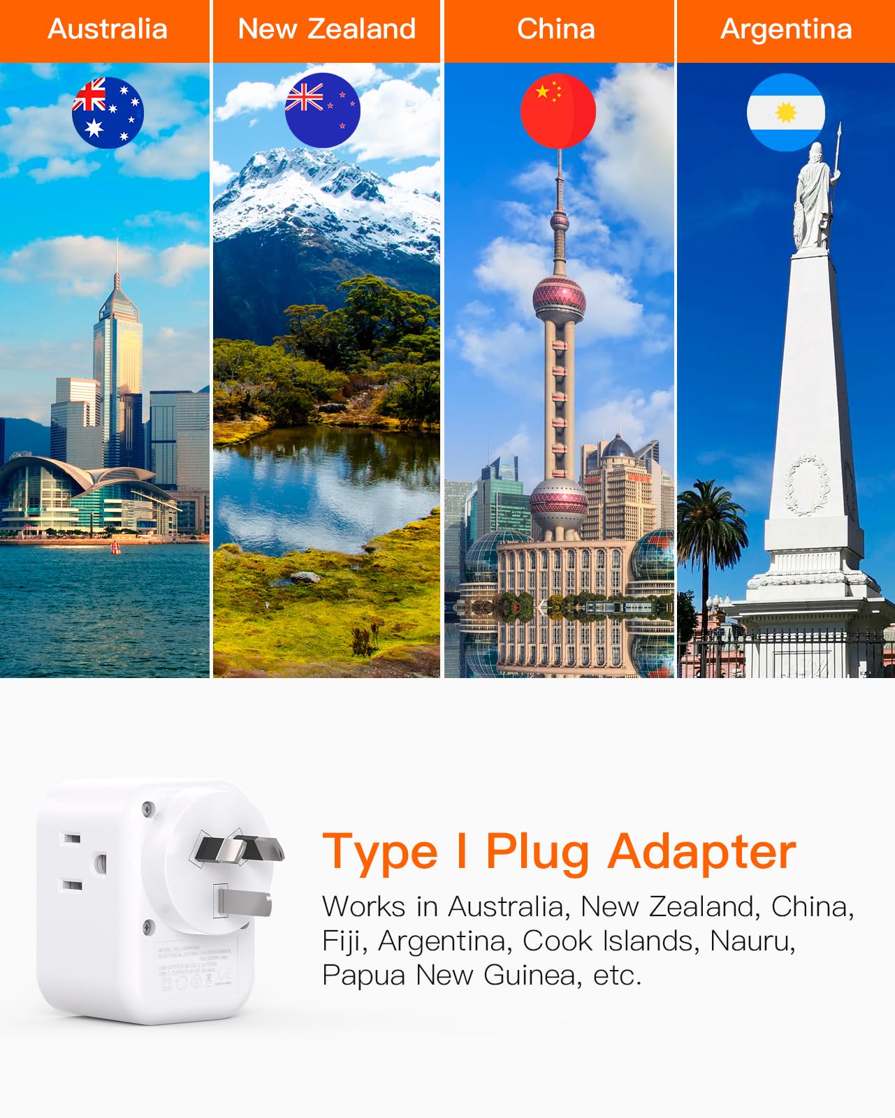 2 Pack New Zealand Power Plug Adapter, Type I Plug Adapter With 3 American Outlets 3 Usb(2 Usb C), Travel Adapter For Us To Aust