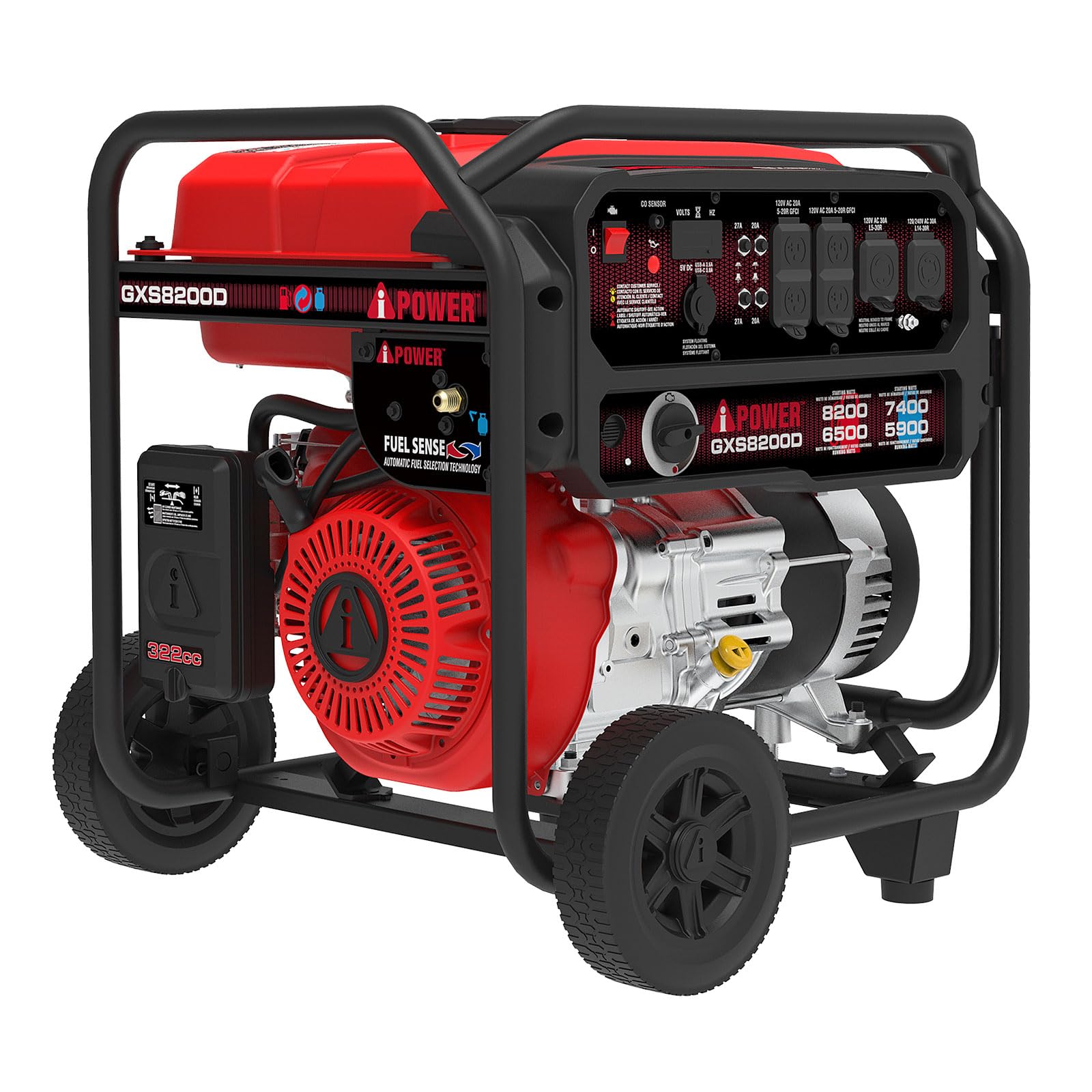 A-iPower 8200W Portable Generator Dual Fuel, Gas and Propane Powered Power Supplies with 322cc OHV Engine, CO Sensor, Heavy Duty