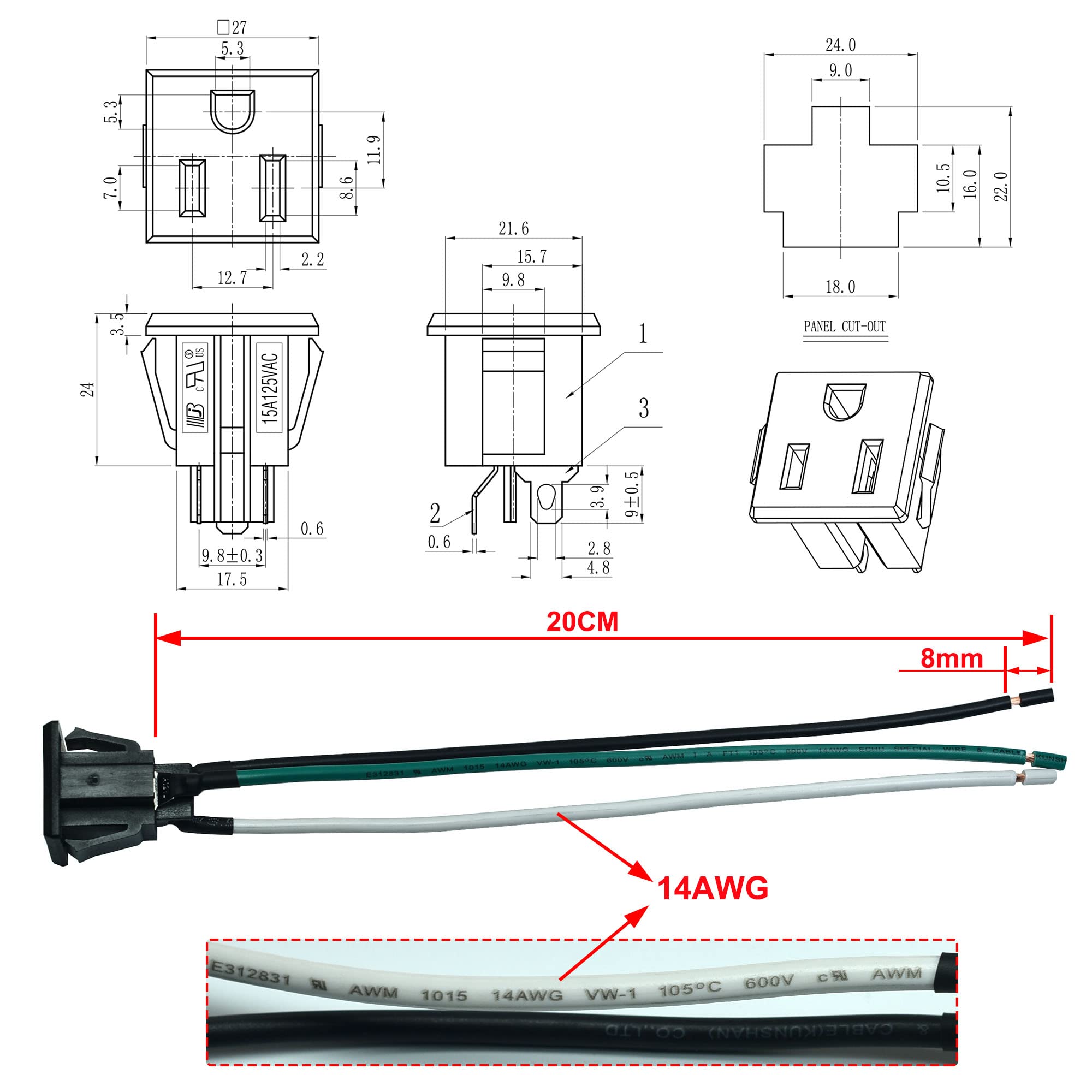 2Pcs 15A 125V Ac Panel Mount Outlet Industrial Plug Female Connectors Adapter With 14Awg Connection Line,3 Pins Us Power Socket