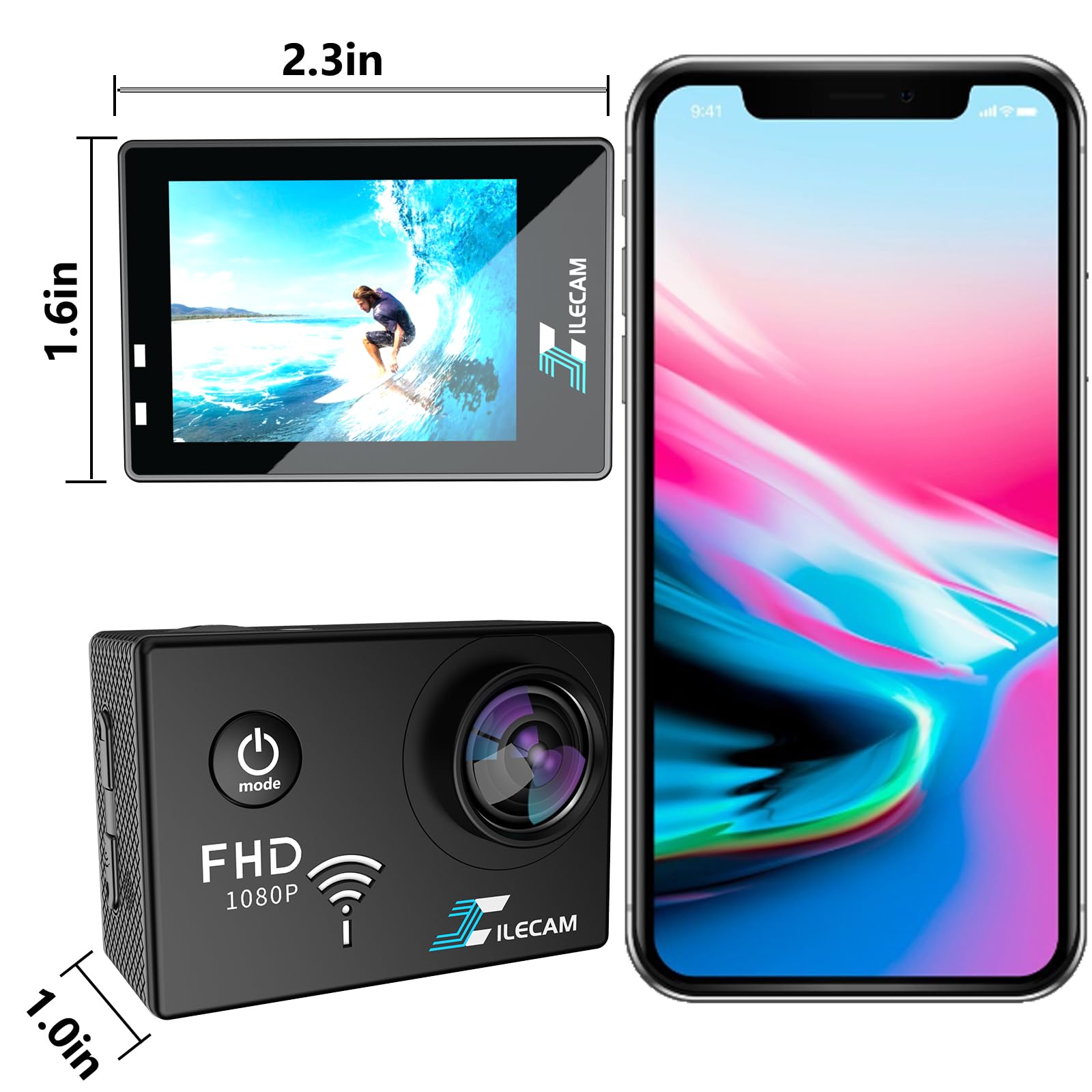 Xilecam Action Camera 1080P Wifi Sports Camera 4Xzoom Action Camera 40M/131Ft Underwater Waterproof With 2 X1050 Mah Batteries A