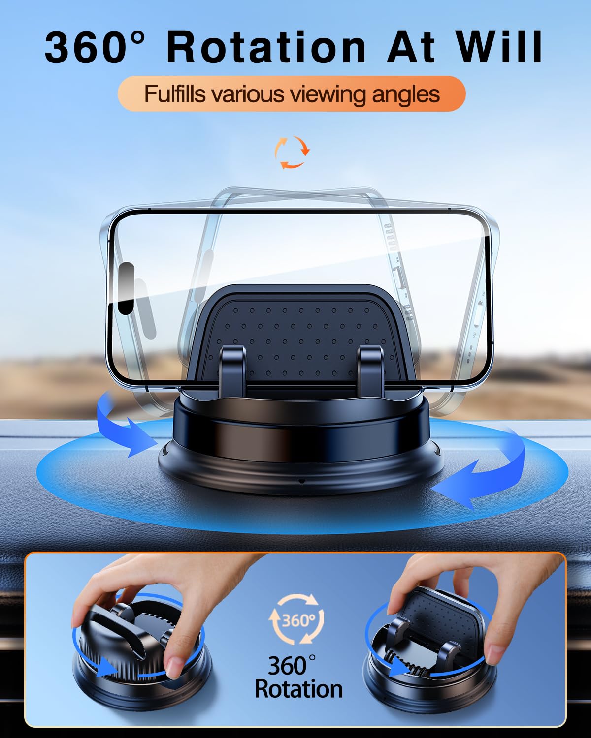 Dicmky Dash Cell Phone Car Mount, Multifunctional Car Dashboard Mobile Phone Holder, 360 Rotatable Universal Dash Mounted Car Ph