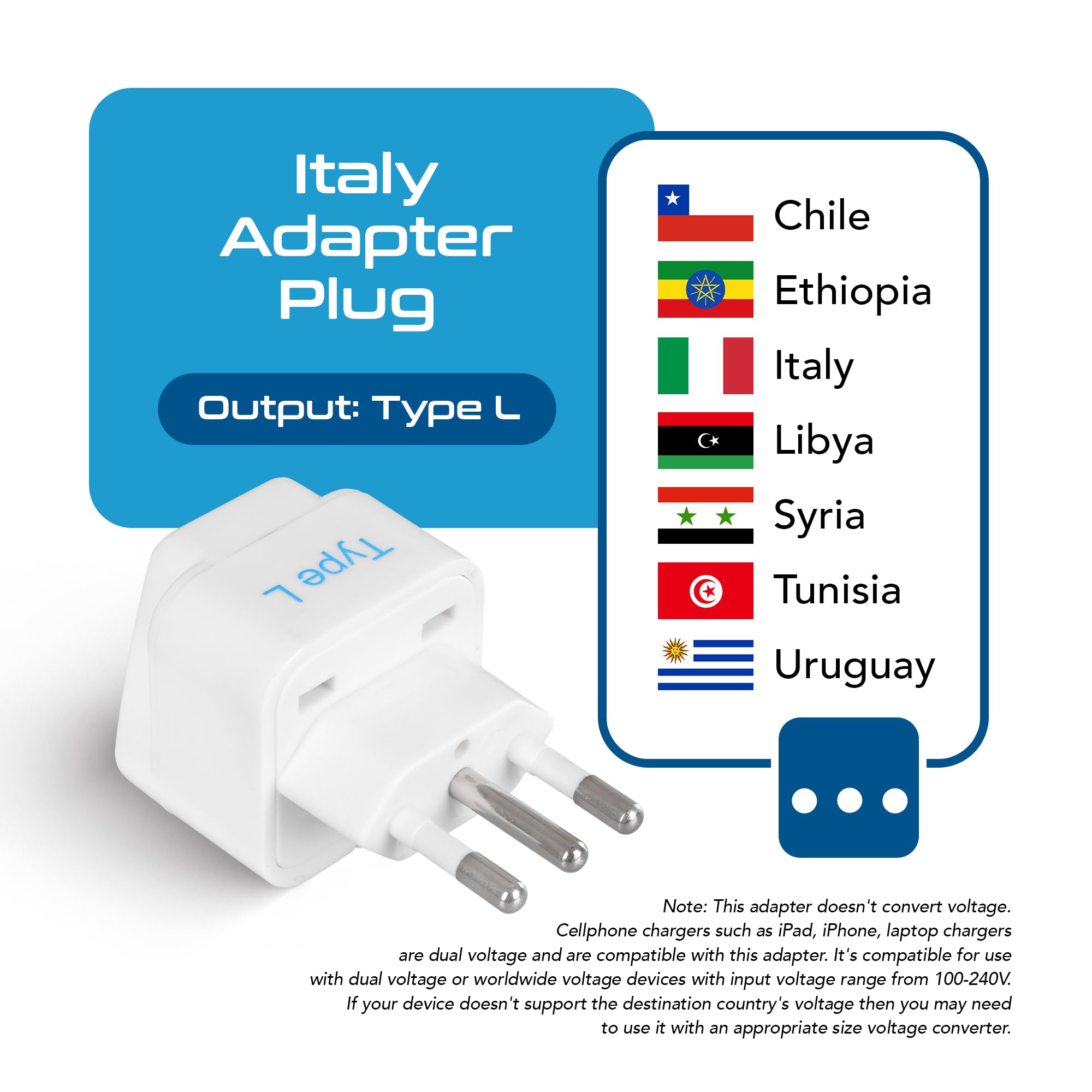 Ceptics Italy Power Adapter, Type L Plug Adapter, Universal Travel Adapter Chile, Italy Travel Adapter Plug Perfect For Rome, Lybia, Tunisia, Uruguay, Gp 12A   White (3 Pack)