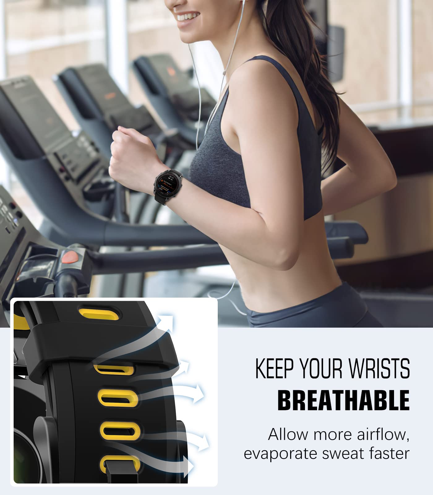 MoKo Watch Strap Compatible with Garmin Fenix 7/7 Pro/6/6 Pro/5/5 Plus/Forerunner 965/955/945/Instinct Solar/Instinct 2, Quick Fit 22mm Soft Silicone Replacement Band Sport Wristband, Black/Yellow