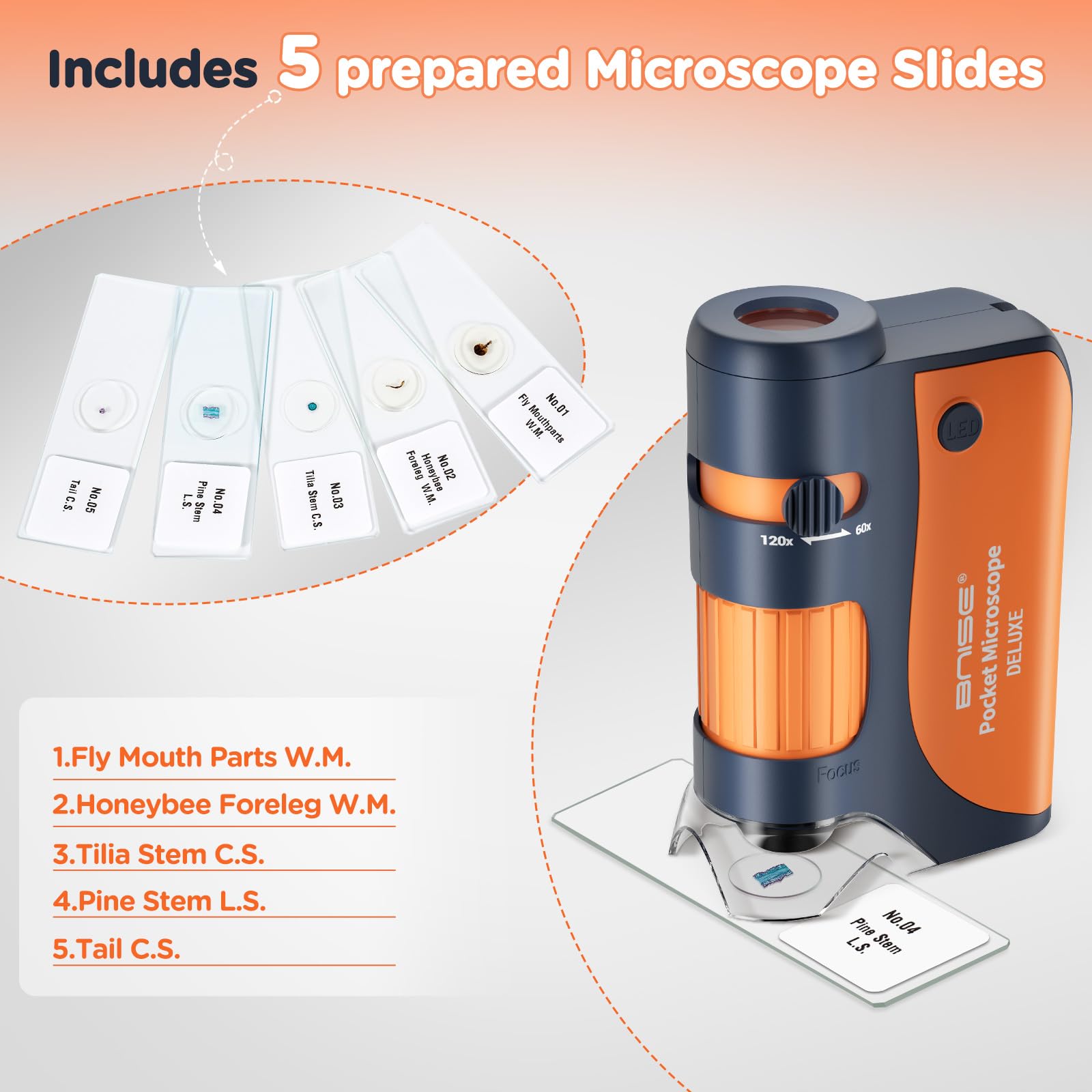 Bnise Pocket Microscope, Portable Mini Microscope Kids 60X 120X, Handheld Microscope With 5 Microscope Slides And Carrying Case