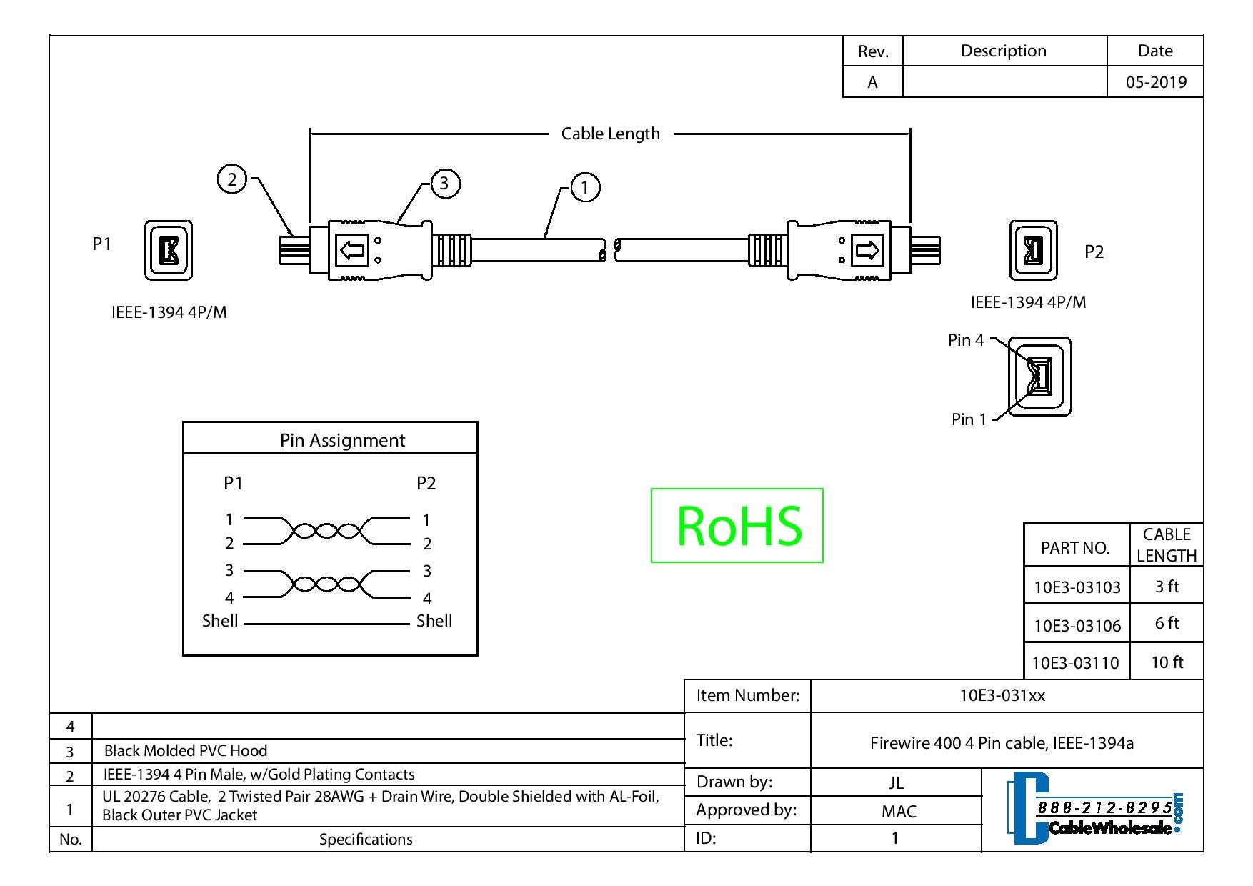 Cablewholesale Firewire 400 4 Pin To 4 Pin Cable, Male To Male Ilink Dv Cable, 4 Pin/4 Pin Ieee 1394A, Black, Firewire 400 Ieee