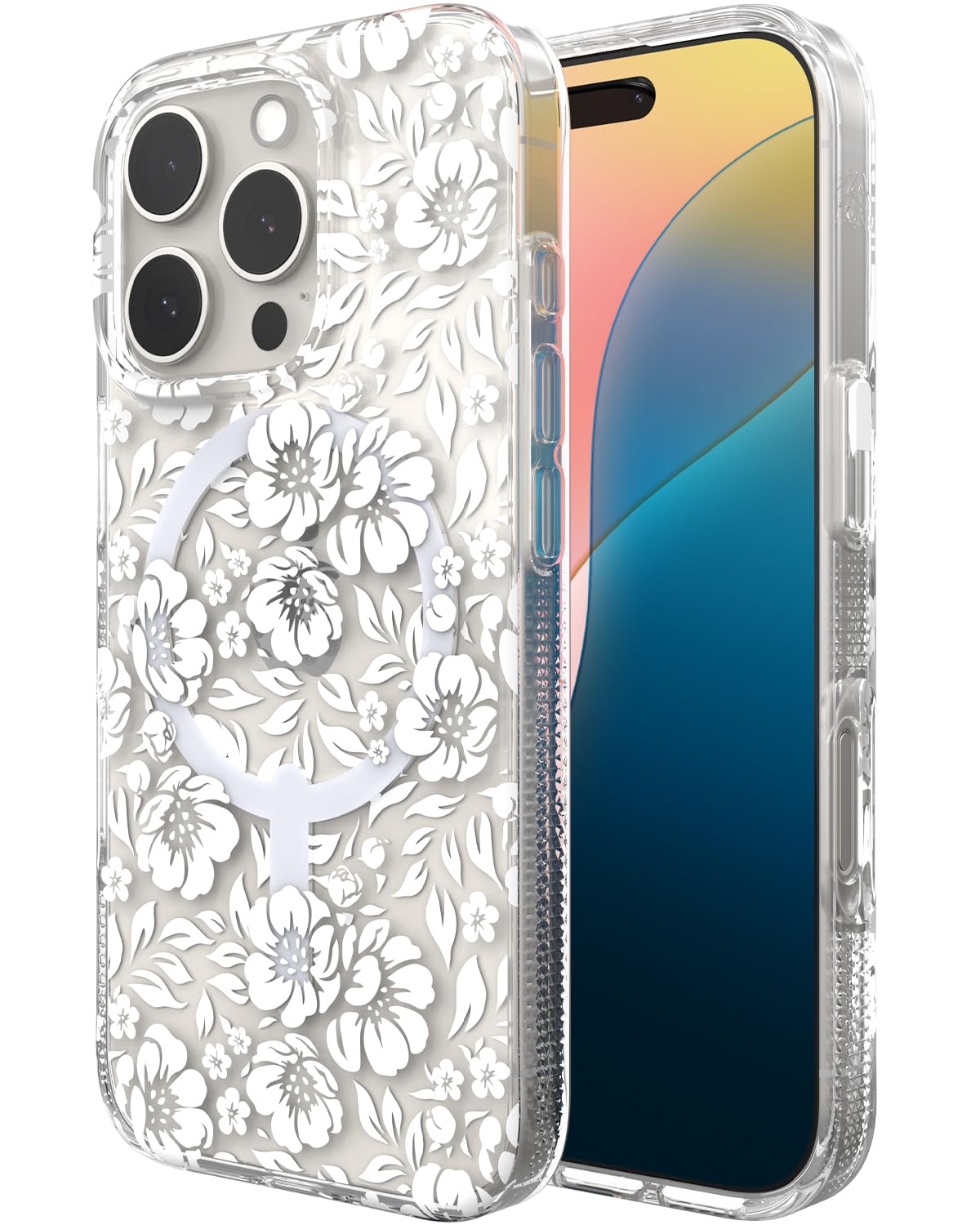 ZAGG Milan Snap Case for iPhone 16 Pro - Floral Design on Clear Base, MagSafe & Wireless Charging Compatible, 13ft Drop Protecti