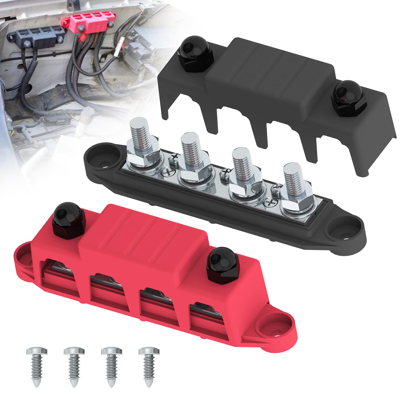 Uckasayfy Bus Bar 250A 12V Power Distribution Block With 3/8'' (M10) 4 Posts Terminals Block With Cover For Automotive, Marine,