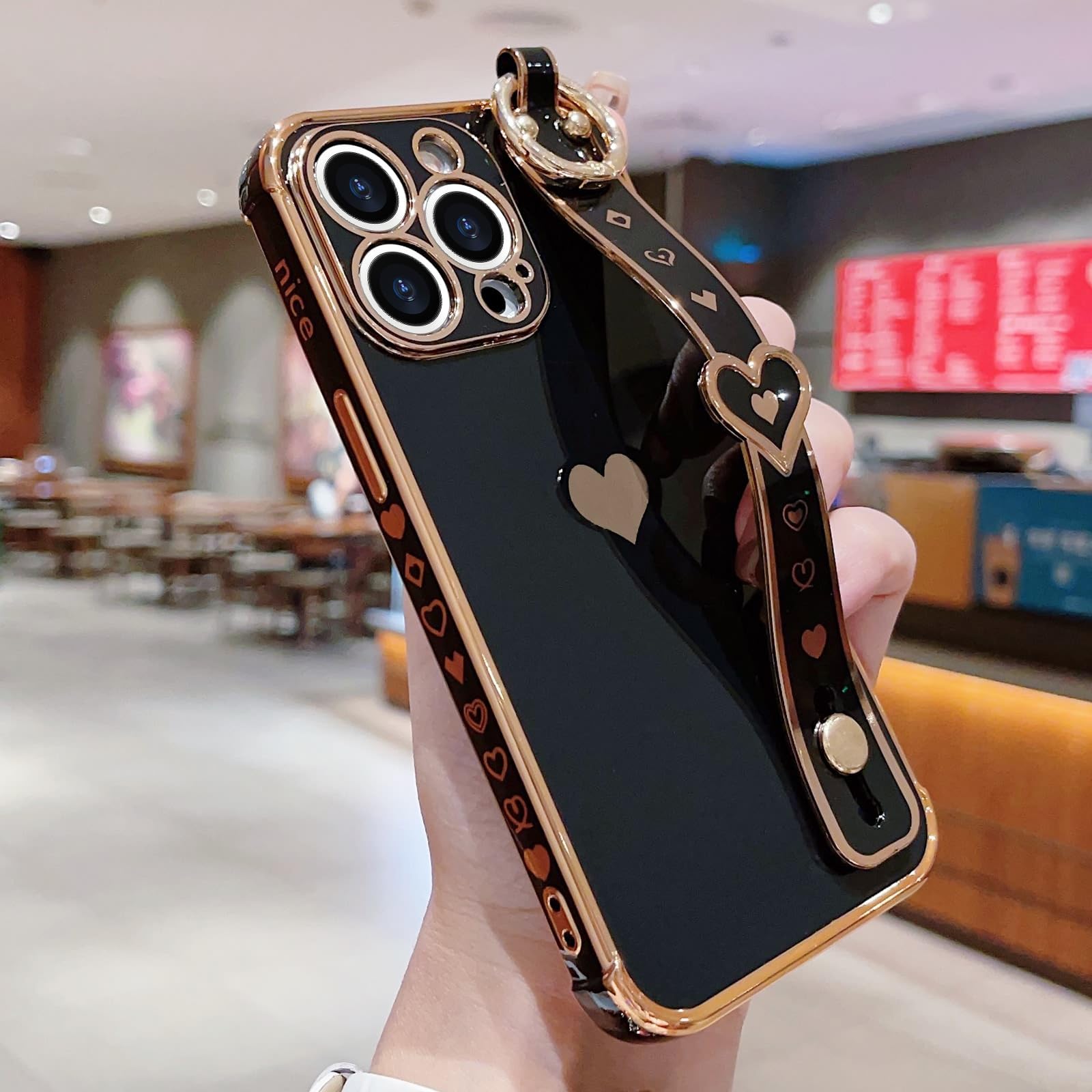 Llz.Coque For Iphone 14 Pro Case Cute Love Heart Plating Strap Phone Cover For Women Girls Bling Soft Silicone Camera Lens Prote