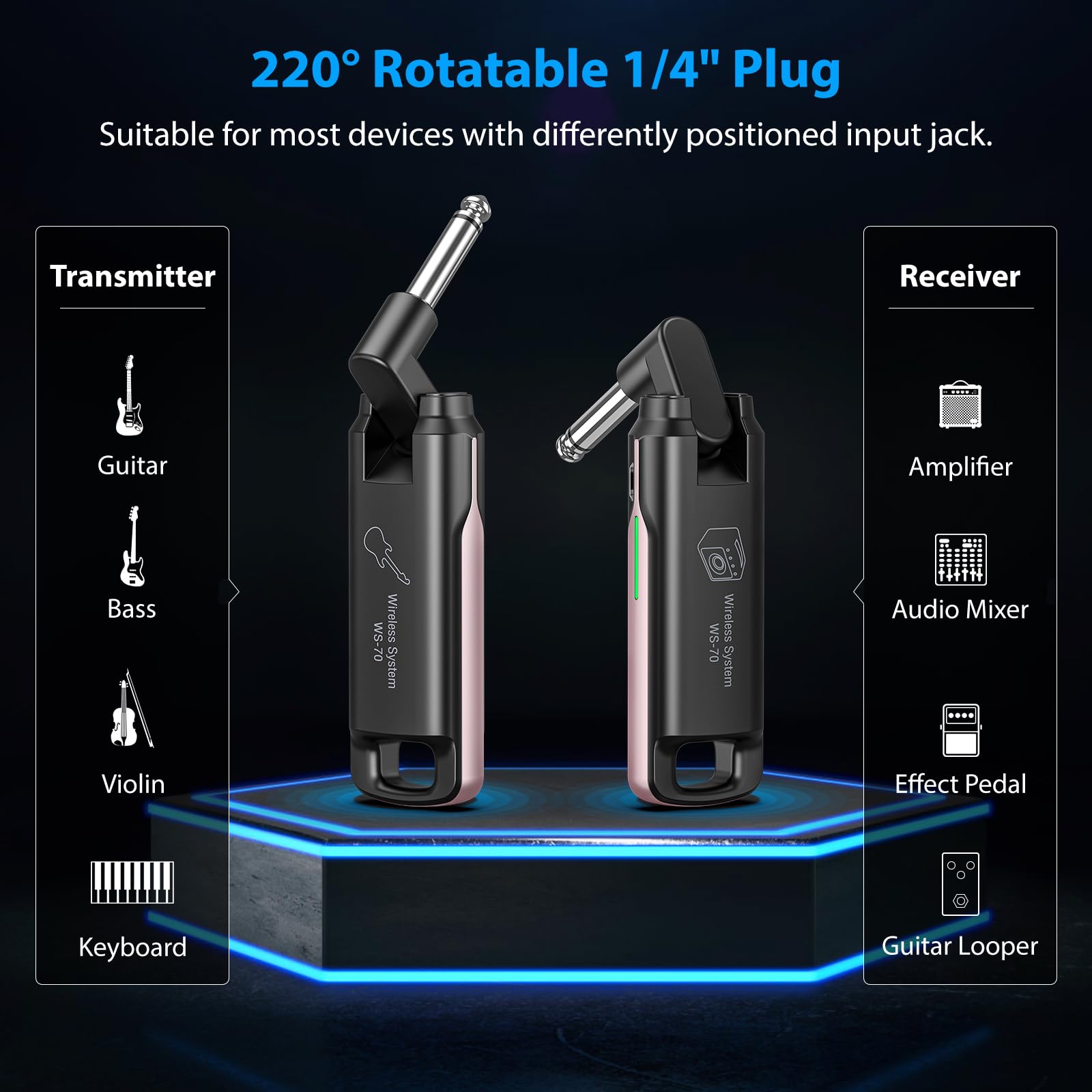 Lekato Wireless Guitar System Uhf Wireless Guitar Transmitter Receiver Rechargeable Audio Bass Cable With 70 Channels For Bass E